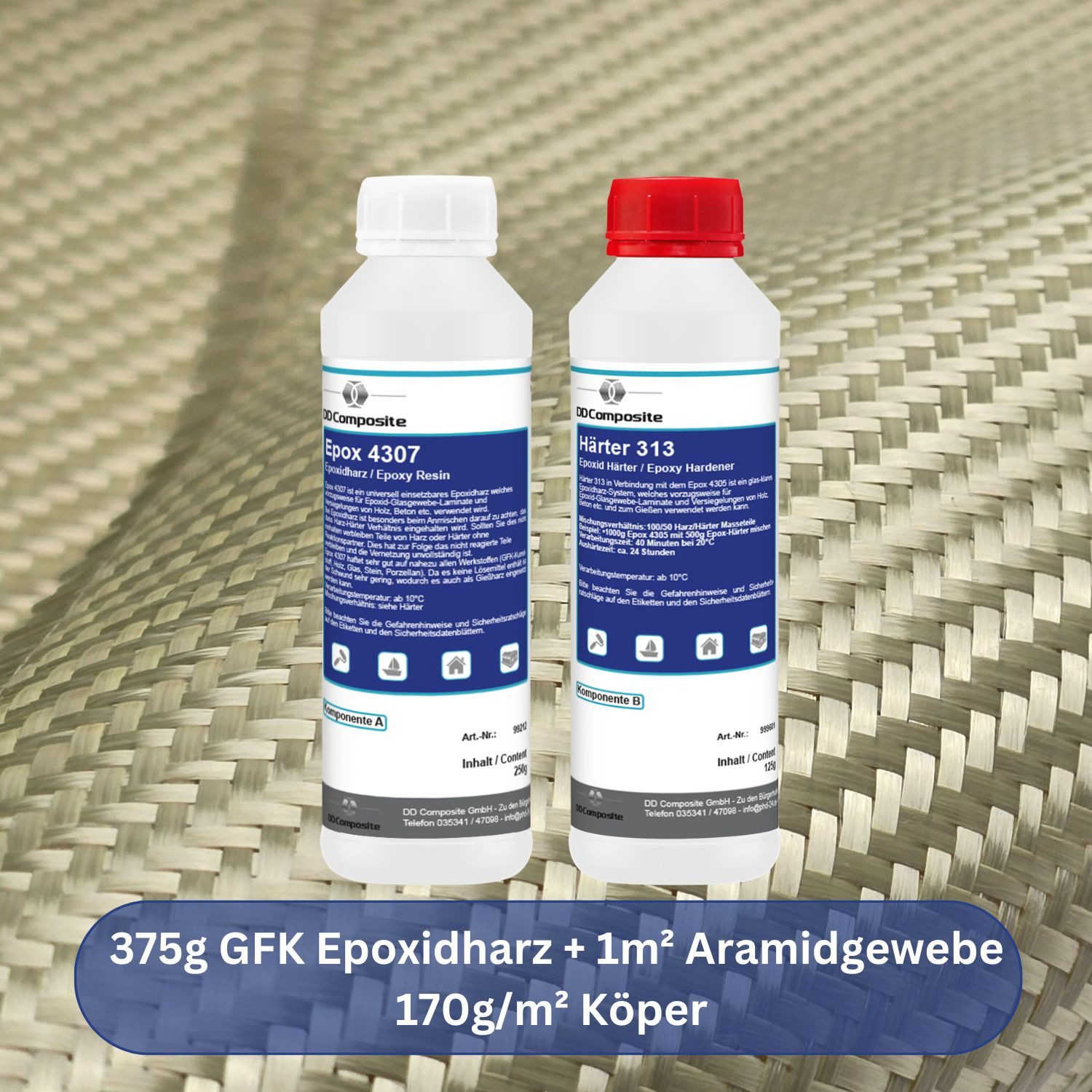 DD Composite Reparatur-Set 375g GFK Epoxidharz + 1m² Aramidgewebe 170g/m² Köper, 3-St. – Bild 2 von 5