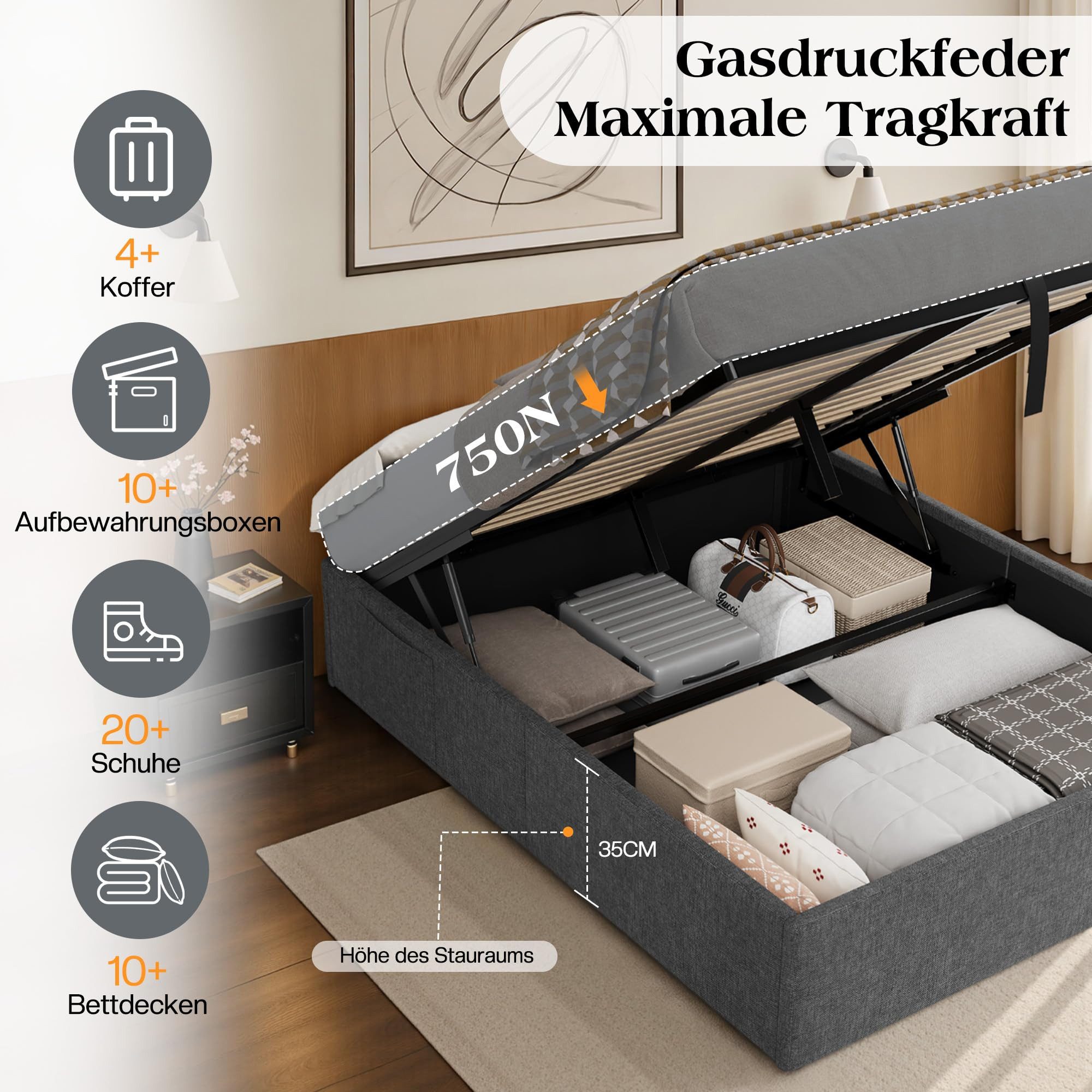 AMERLIFE Polsterbett mit hydraulischem Stauraum, LED und USB, Jugendbett ohne Kopfteil (Ohne Matratze), Stauraumbett, Doppelbett 160 x 200 cm – Bild 5 von 5
