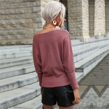 AFAZ New Trading UG One-Shoulder-Top Modischer, einfarbiger, langärmeliger One-Shoulder-Pullover für Damen