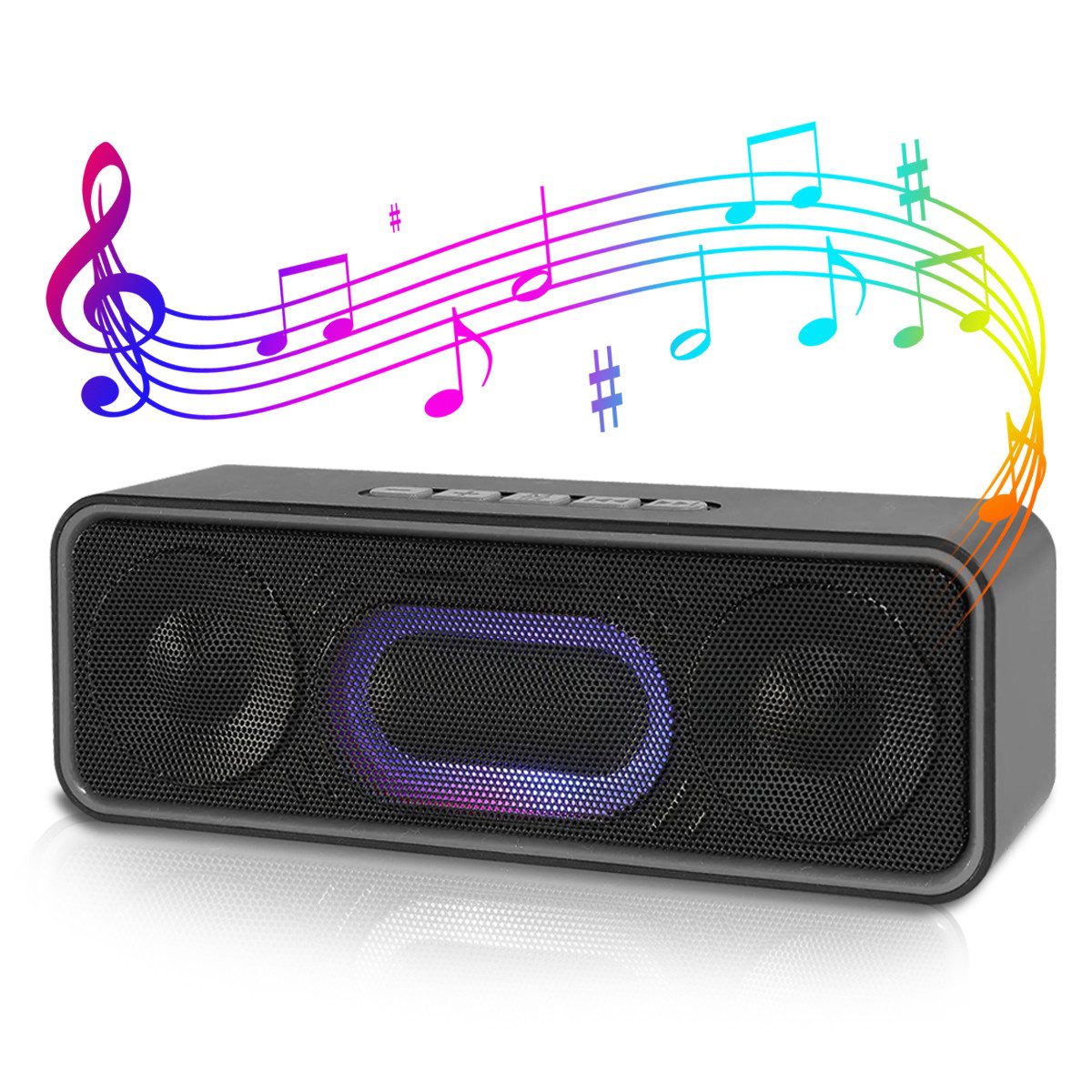 MOPUEA Bluetooth Lautsprecher 3D Surround TWS Tragbarer FM Radio Lautsprecher Bluetooth-Lautsprecher (Bluetooth 5.0 TWS 3D Sound FM Radio LED Licht 1500mAh)