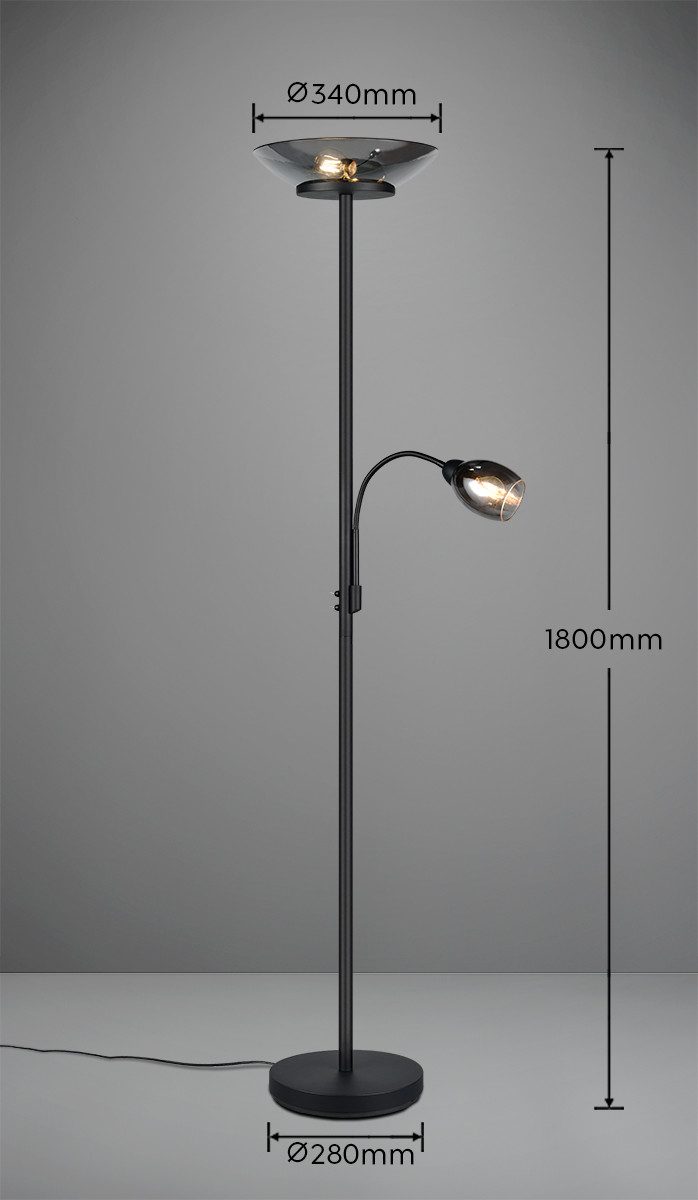 Reality Leuchten Stehlampe Gerry Stehleuchte Wohnzimmer mit Lesearm getrennt schaltbar Höhe 180cm, Ein-/Ausschalter, Lesearm, getrennt schaltbar, Leuchtmittel wechselbar, warmweiß - kaltweiß, ohne Leuchtmittel: 2x E27 max 18W, 1x E14 max 10W, Glas chrombedampft