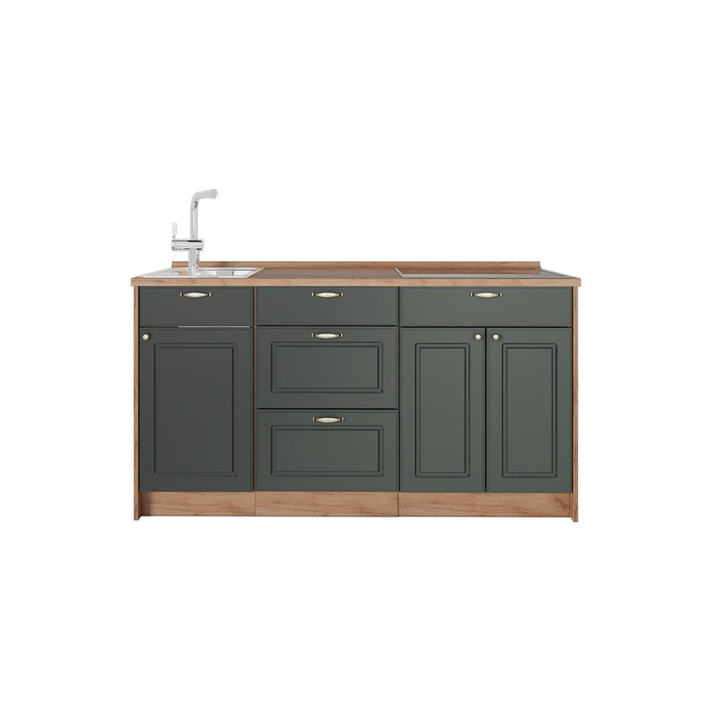 Vicco Küchenzeile Fame-Line, Grün-Gold Landhaus, 150 cm, AP Eiche