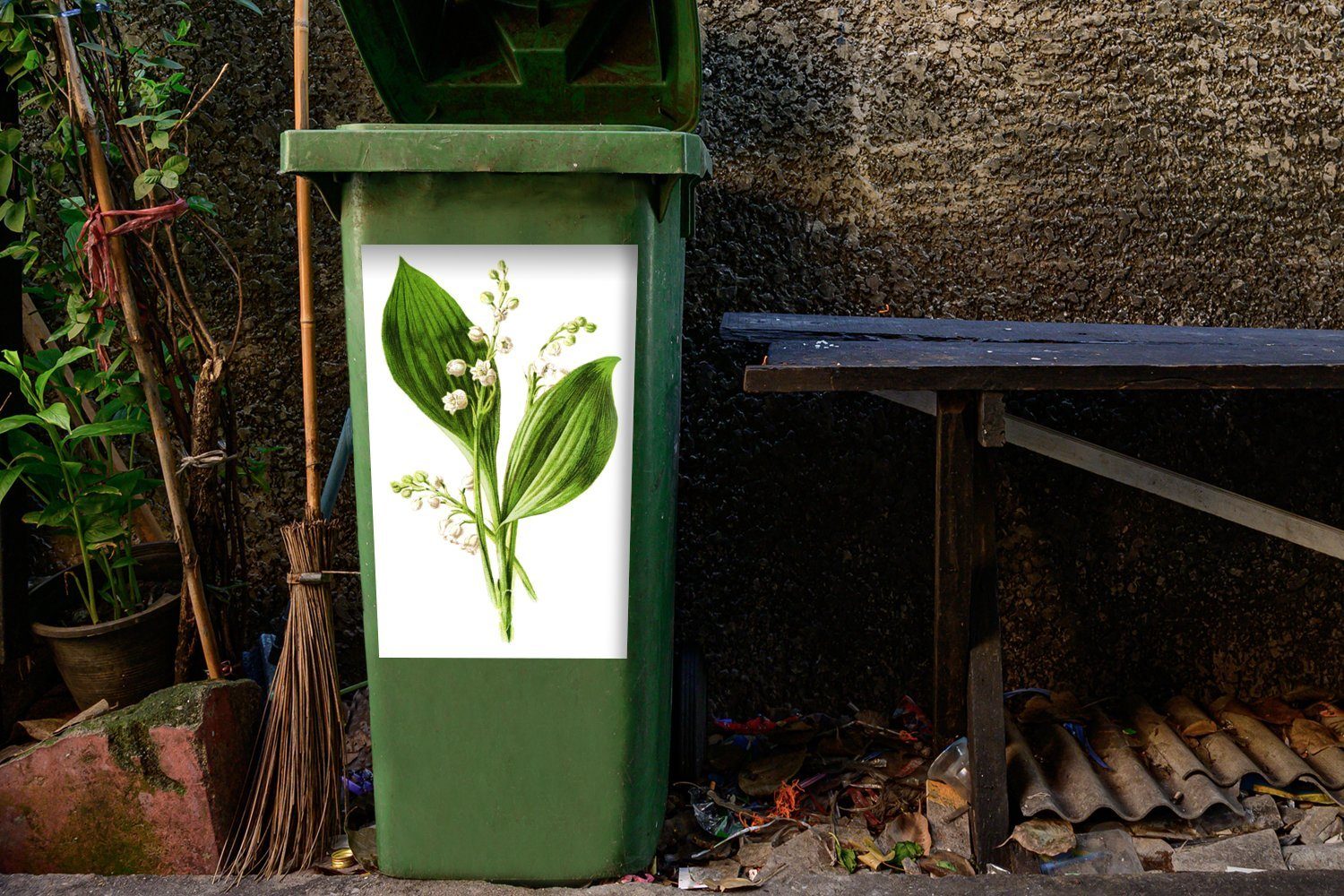 Abfalbehälter Blumen - MuchoWow Sticker, Wandsticker - Kräuterpflanze Container, Mülleimer-aufkleber, (1 St), Vintage Mülltonne,