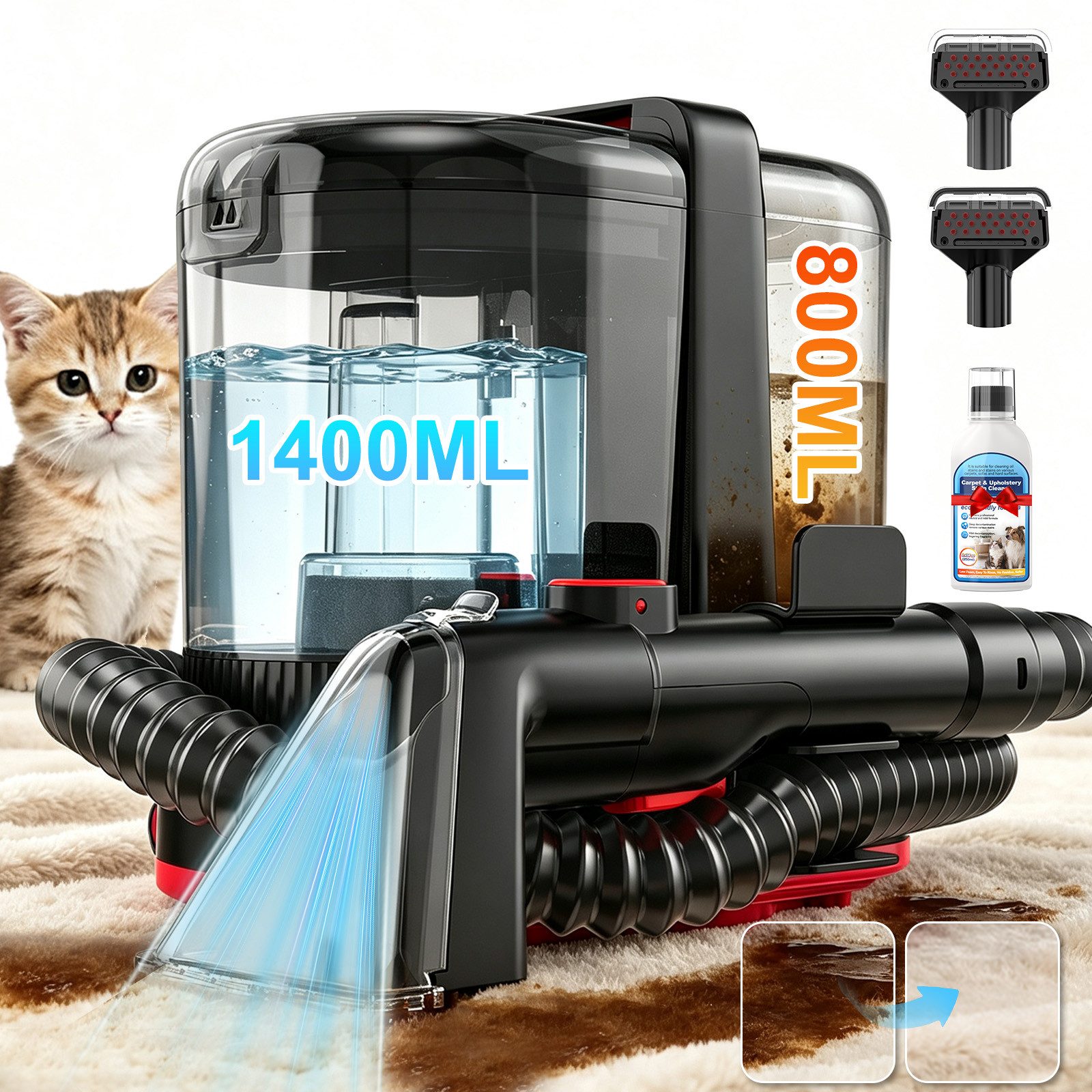 VacniQ Teppichreinigungsgerät Waschsauger 25000Pa Saugkraft, Teppichreiniger, 600W/1800W, Polsterreiniger Gerät, für Sofas,Teppiche,Auto,Matratze