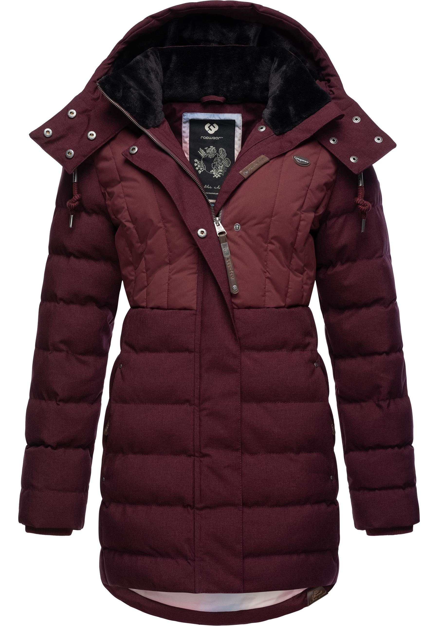 Ragwear Winterjacke Kapuze mit Block Winterparka stylischer, weinrot gesteppter gefütterter Ashanta