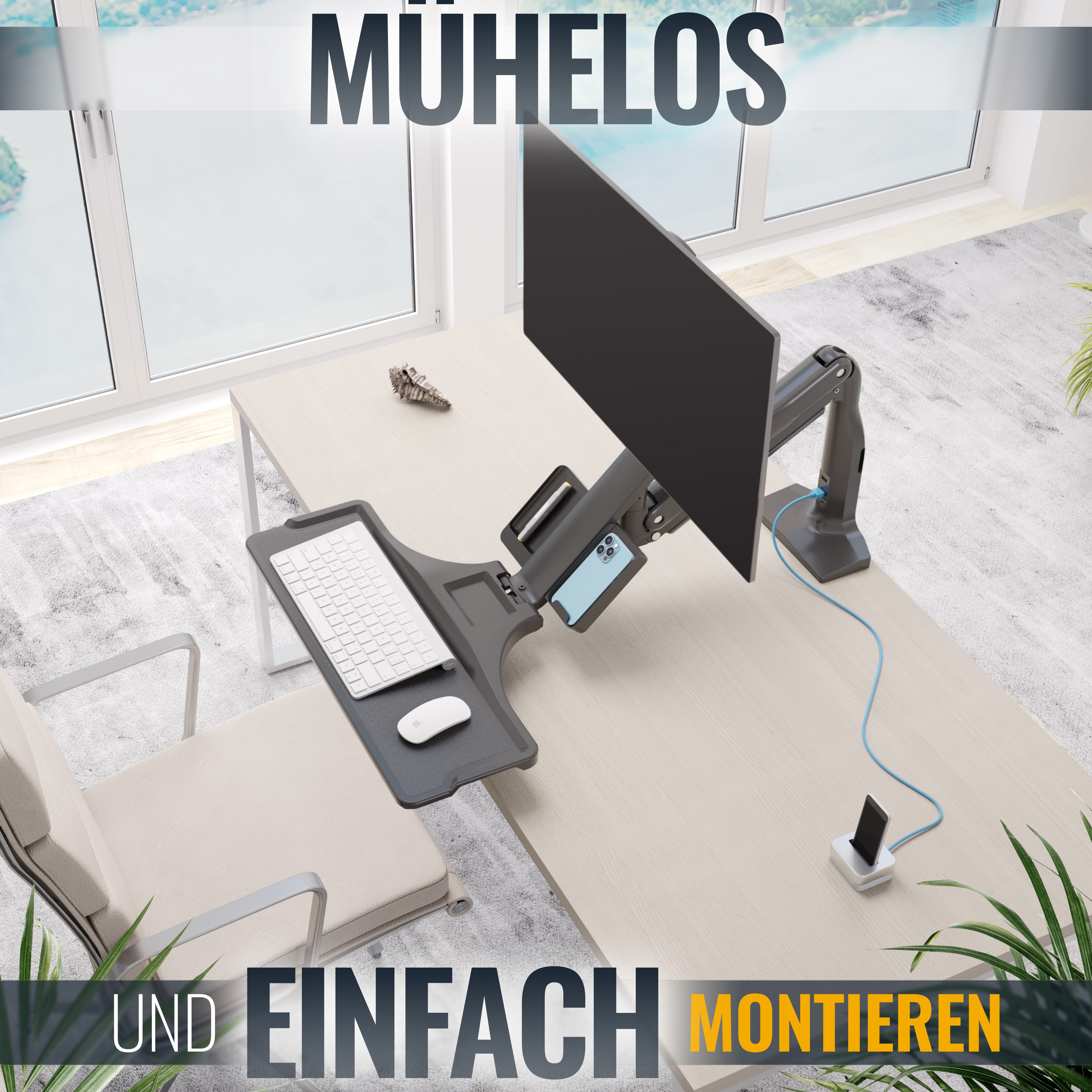 RICOO Monitor-Halterung Desktop Monitor Tischhalterung mit Tastaturablage TS5411, (bis 32 Zoll, VESA 75x75 und 100x100, 1-tlg., min. 1 Kg - max. 9 kg (Monitor), 1 kg (Tastatur) höhenverstellbar, Tischhalterung 43-81 cm (17"-32) Bildschirm-Diagonale neigbar)