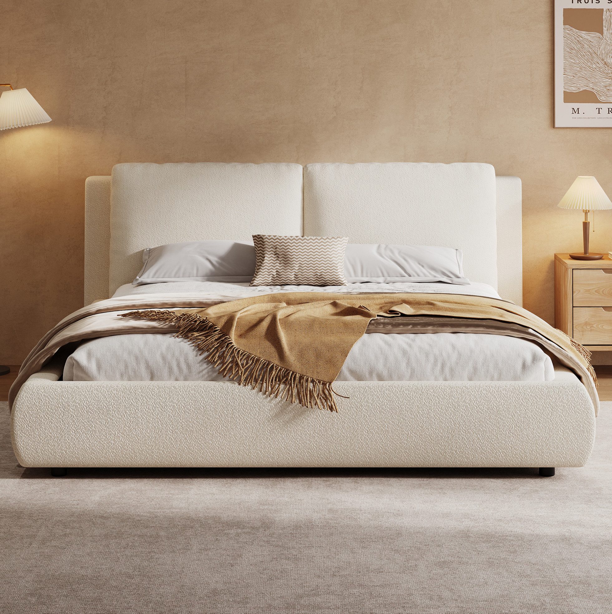 OKWISH Polsterbett Polsterbett 180x200 cm mit Bouclé-Bezug (Packung, Beige, 180×200 cm, 12 cm Kopfteil, ohne Matratze), bequeme Polsterung, Bouclé-Bezug