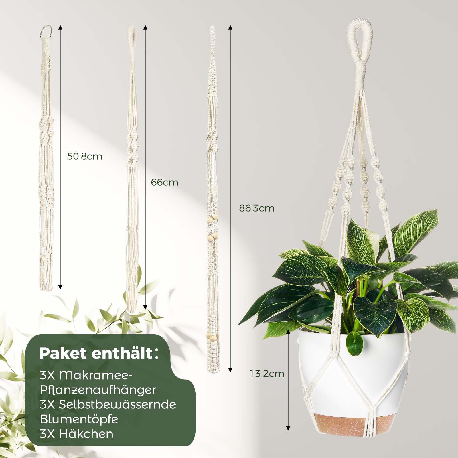 Bamworld Hängekorb Makramé-Hängekörbchen-Set 3er, 3 selbstbewässernde Töpfe + Haken (3 St), Boho-Dekoration aus Baumwollseil – Platzsparend & Umweltfreundlich