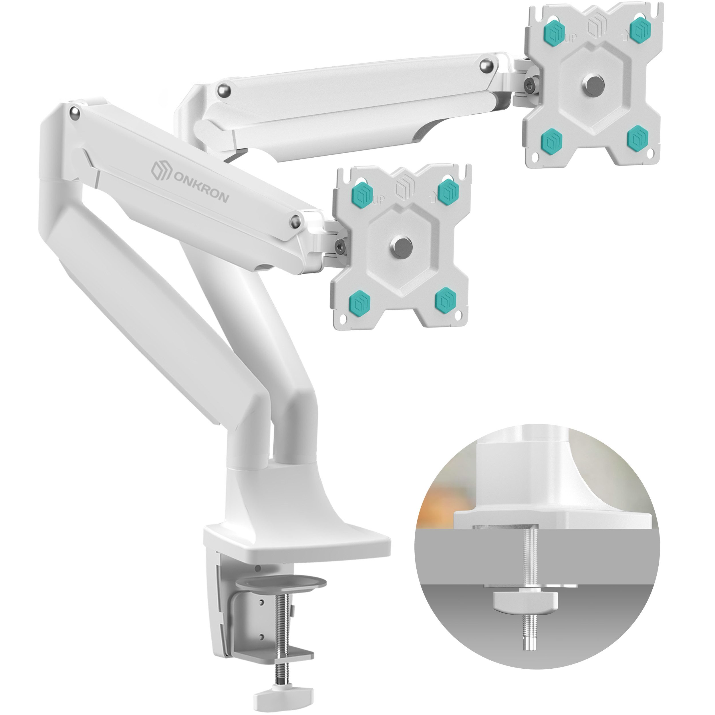 ONKRON Monitor-Halterung 13-32 Zoll, bis 9 kg pro Arm, VESA 75x75-100x100, G200-W, (bis 32 Zoll, neigbar, schwenkbar, drehbar, Gasdruckfeder, Kabelmanagement)