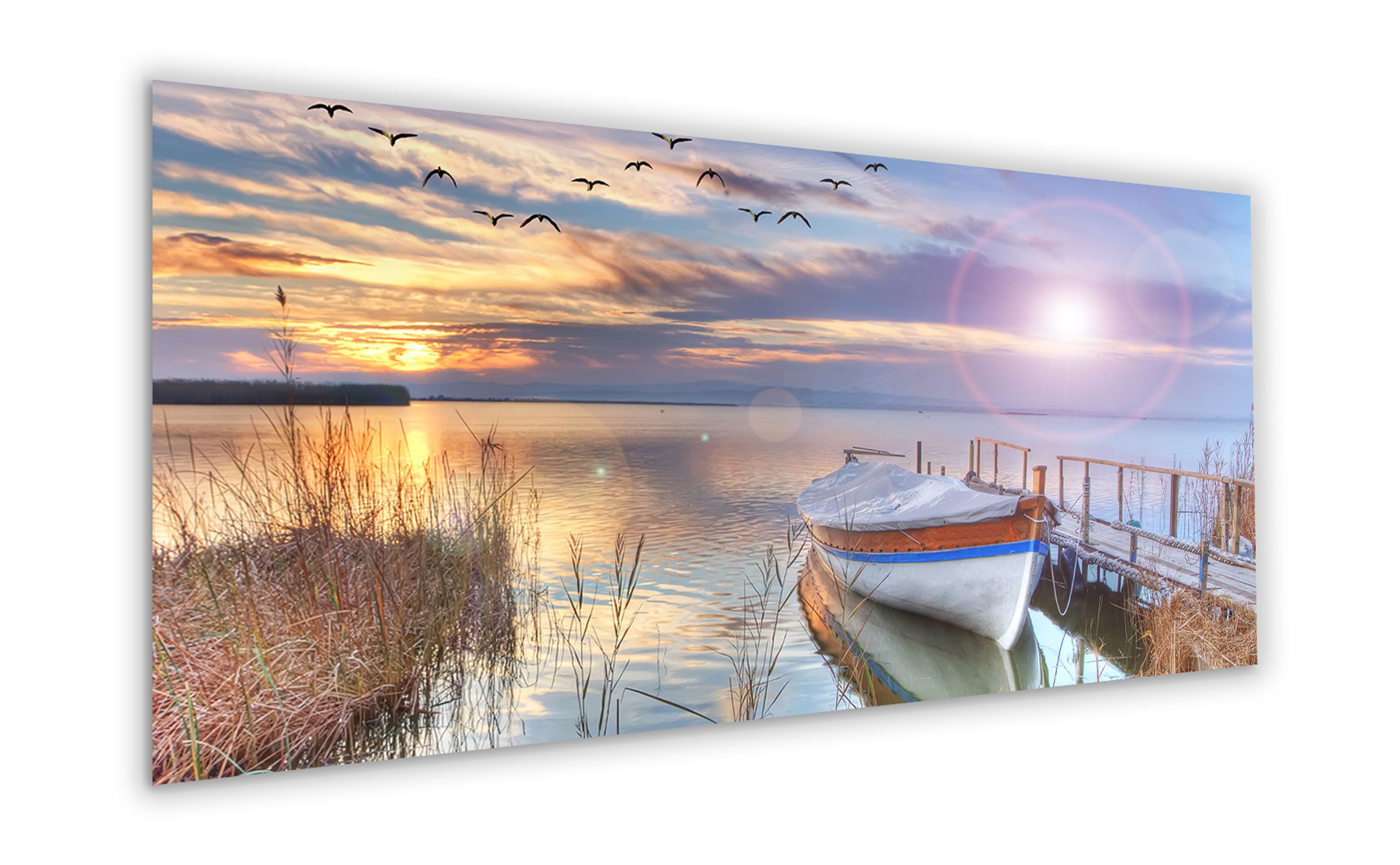 artissimo Glasbild XXL Bild aus Glas 125x50 cm / Panorama Wandbild groß / Wanddeko modern, Landschaft und Natur: Boot am Steg bei Sonnenuntergang – Bild 2 von 5