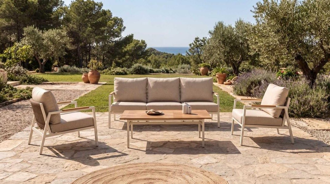 Xlmoebel Gartenlounge-Set Modernes Gartenmöbel Set Sofa Sessel Couchtisch Beige Terrasse, (Gartenmöbel, 3-tlg., 3-tlg), Kissen mit Reißverschluss