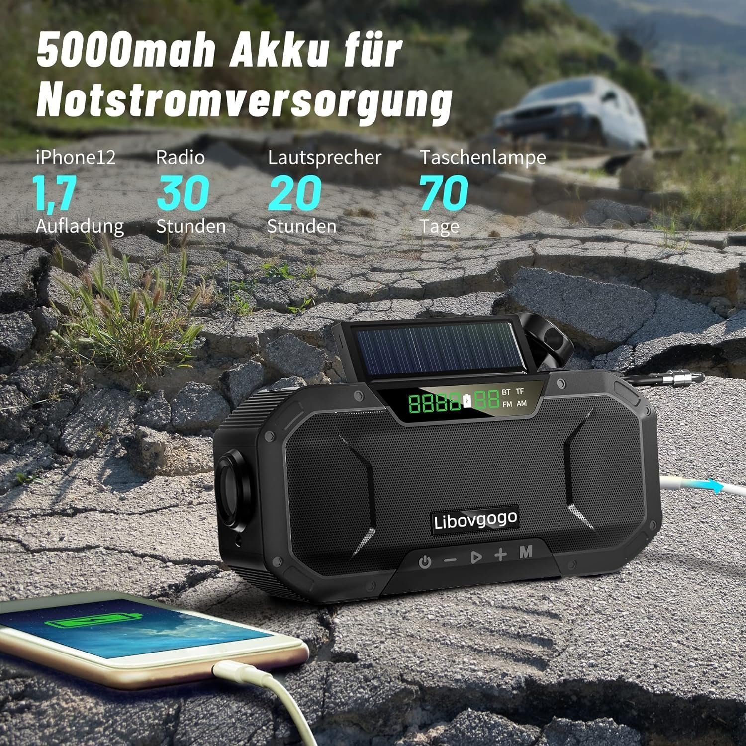Radio Notfall-Radio Tragbares GelldG Bluetooth-Lautsprecher Solar-Kurbelradio AM/FM