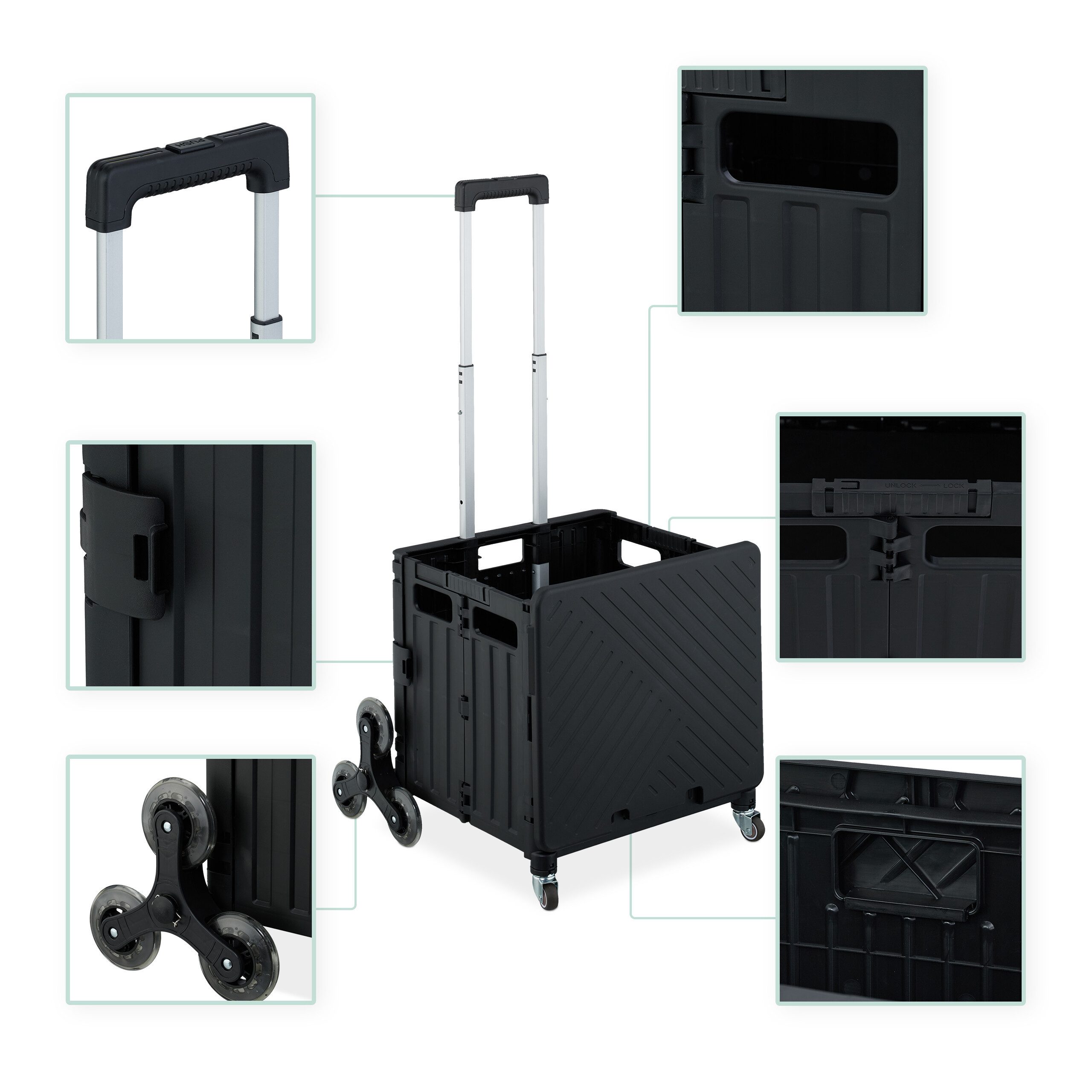relaxdays Einkaufstrolley klappbar + Deckel 8 Rad, schwarz