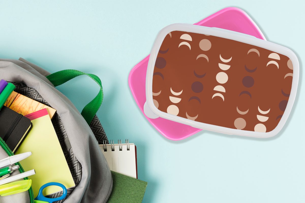 Erwachsene, Kunststoff MuchoWow Muster, für rosa Brotbox Rot - Mädchen, - Lunchbox Snackbox, Brotdose Kunststoff, Kinder, Mond (2-tlg),