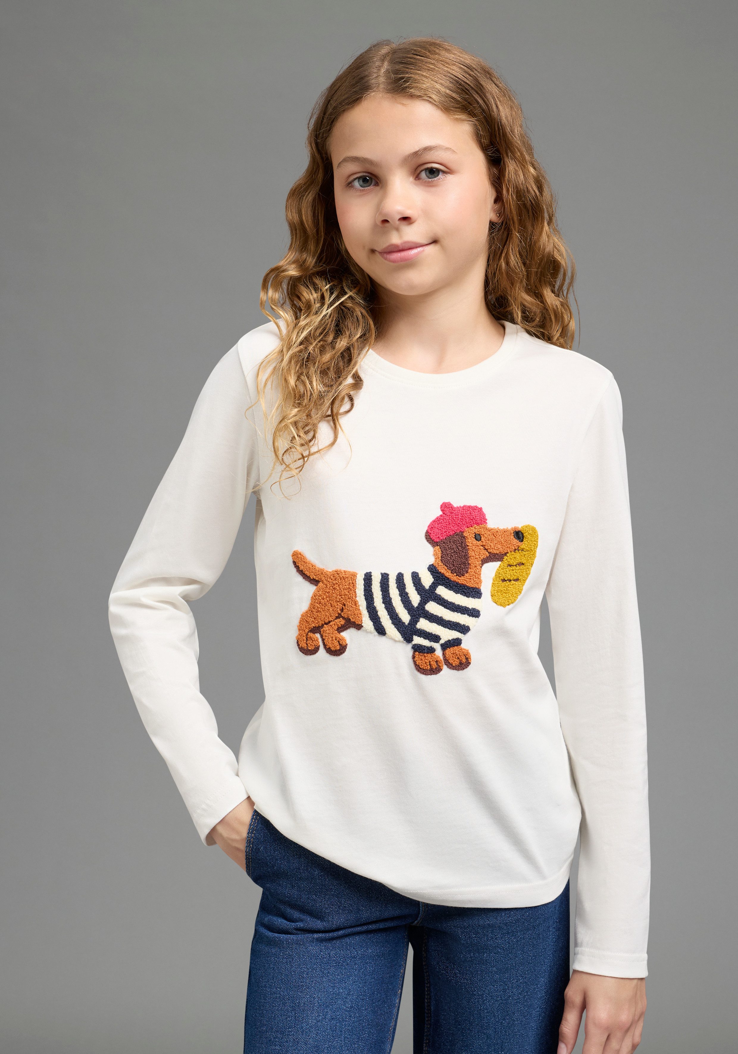KIDSWORLD Langarmshirt Shirt mit Frottee-Applikation: DACKEL Shirt für Dackel-Fans, Basic-Stil, mit modischer Frottee-Applikation