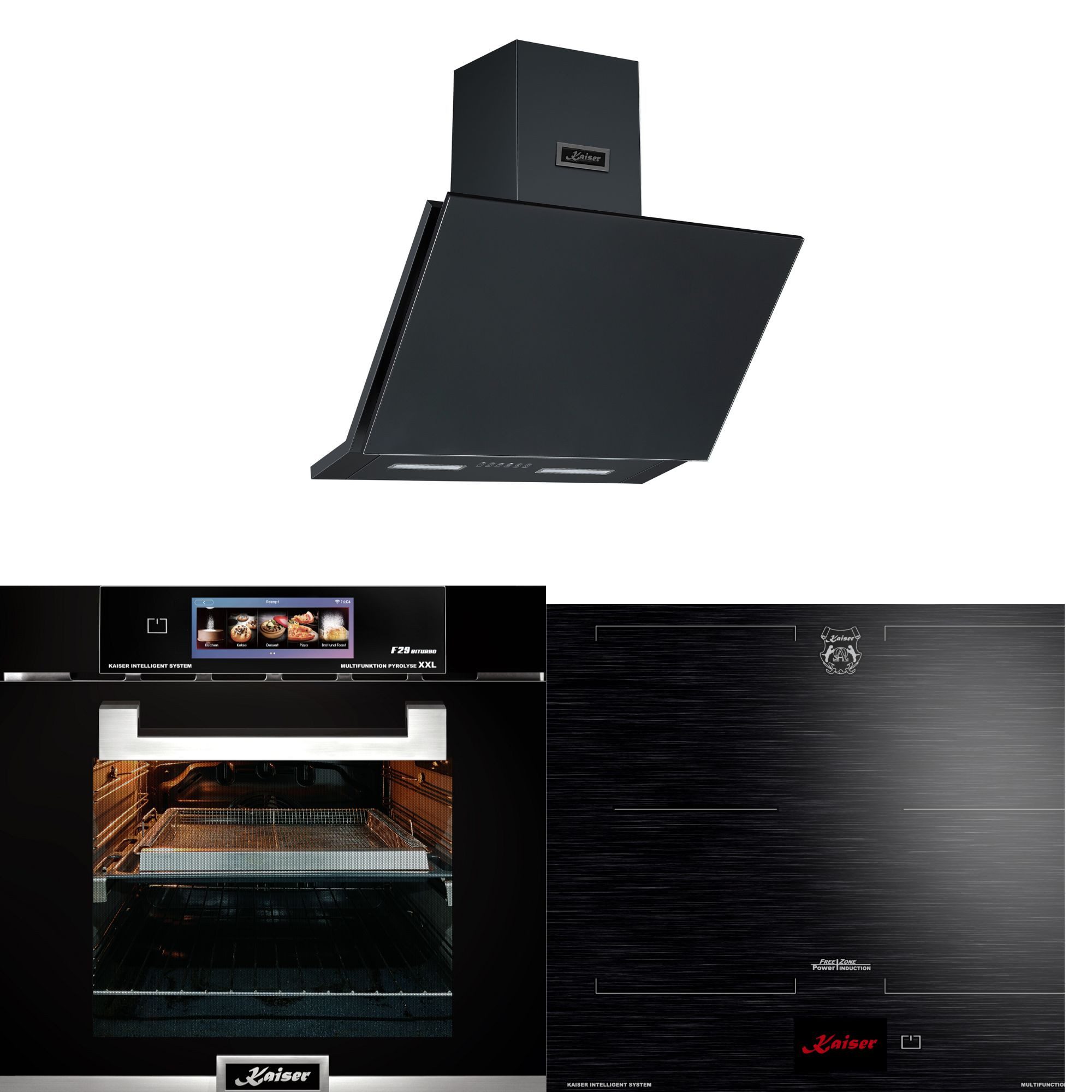 Kaiser Küchengeräte Backofen-Set Herd Set Autark Einbaubackofen Schwarzes Glas,86L,60 cm, Air fryer,TFT,Bratautomatik mit Induktionskochfeld 60 cm FREE ZONE mit 2 FLEX Induktions-Zonen TFT Display +Dunstabzugshaube 60cm 1250m³/h Schwarz matt EH 6344 N+KCT 6140 FI+AT 6455 s, mit 1-fach-Teleskopauszug