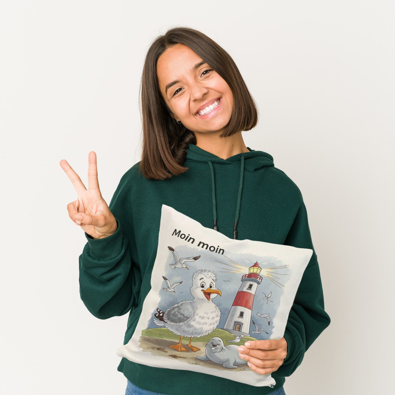 speecheese Dekokissen Fröhliche Möwe und Leuchtturm Kissen - MOIN MOIN günstig online kaufen