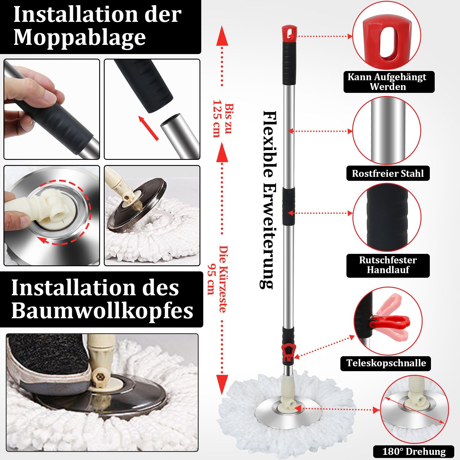 Lospitch Wischmopp Bodenwischer Set Komplett 3 Wischmop Mikrofasermatte Mit Turbo