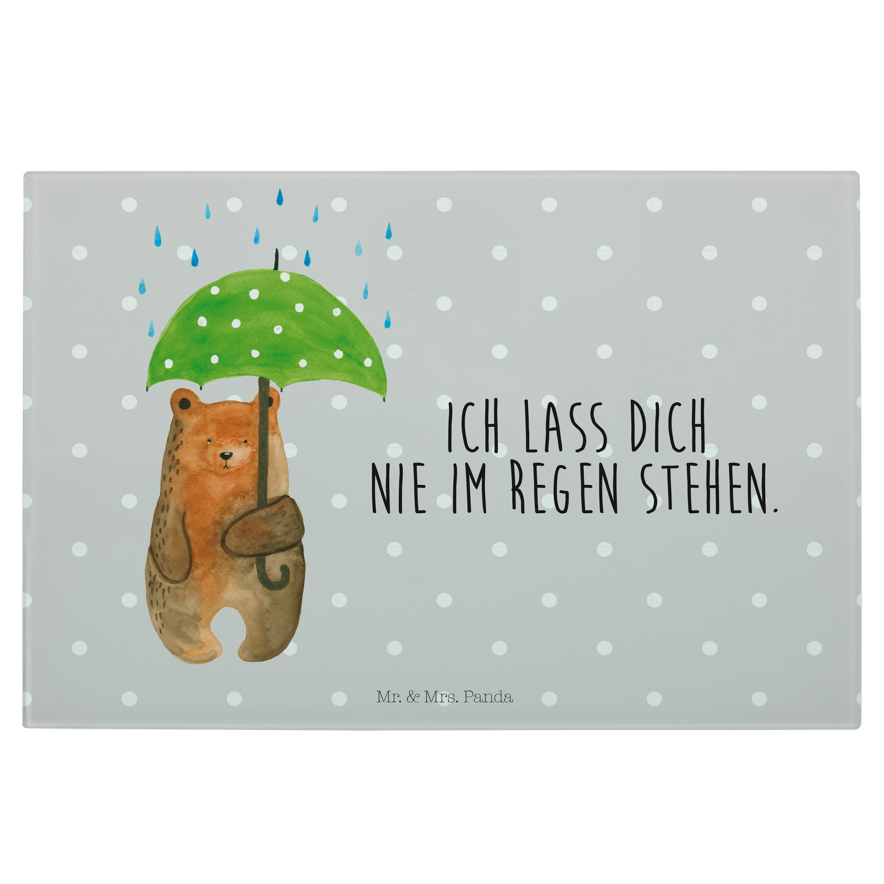 Glas, Panda Pastell Liebesb, Grau Regenschirm - Mr. (1-St) - Servierbrett mit Premium & Mrs. Schneidebrett, Bär Geschenk,