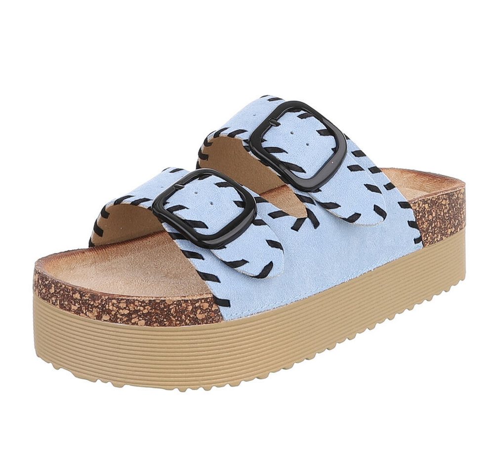 Ital-Design Damen Plateau-Pantolette mit Schnallen und Zierprägung Plateausandaletten (91895609) Flach Pantoletten in Hellblau