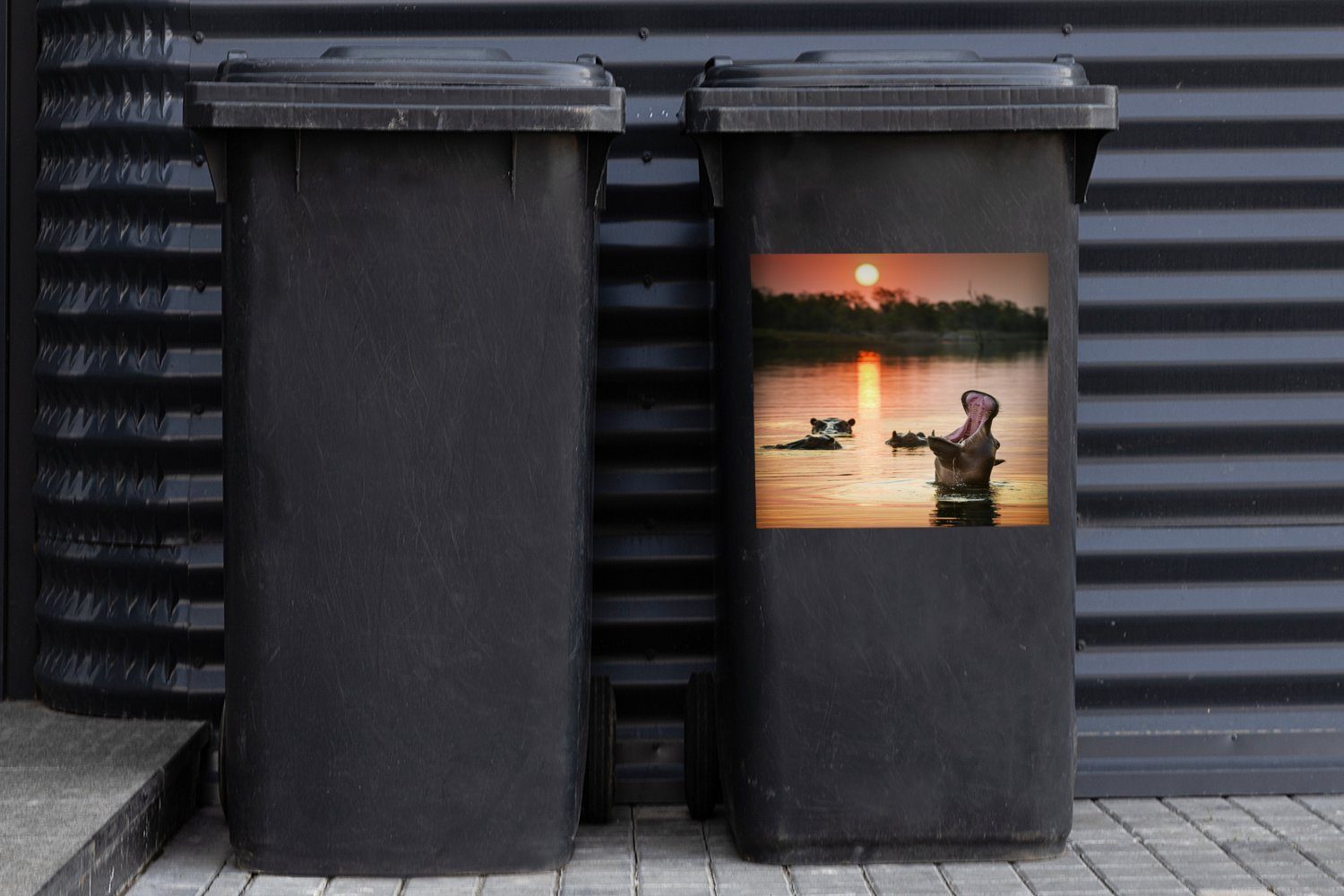Mülleimer-aufkleber, MuchoWow (1 Sonne Wasser Abfalbehälter Wandsticker Container, St), - - Sticker, Mülltonne, Nilpferd