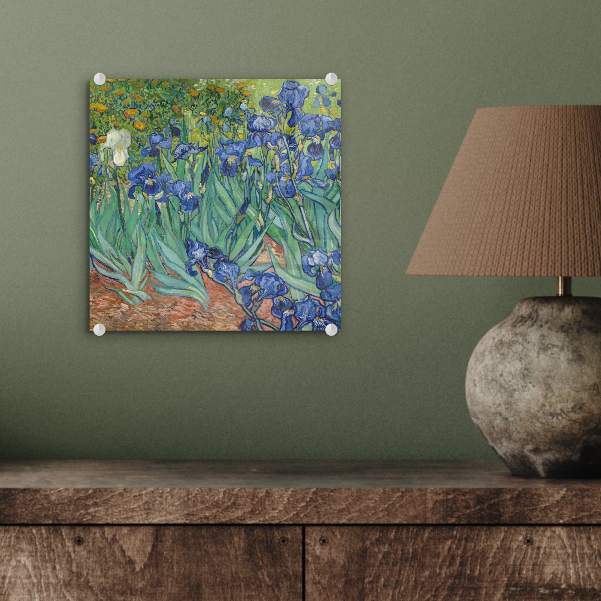 Glasbilder von van Foto (1 Glas Bilder Gogh, auf Vincent Wandbild - Gemälde Glas St), - Wanddekoration MuchoWow Acrylglasbild - Schwertlilien - Die auf