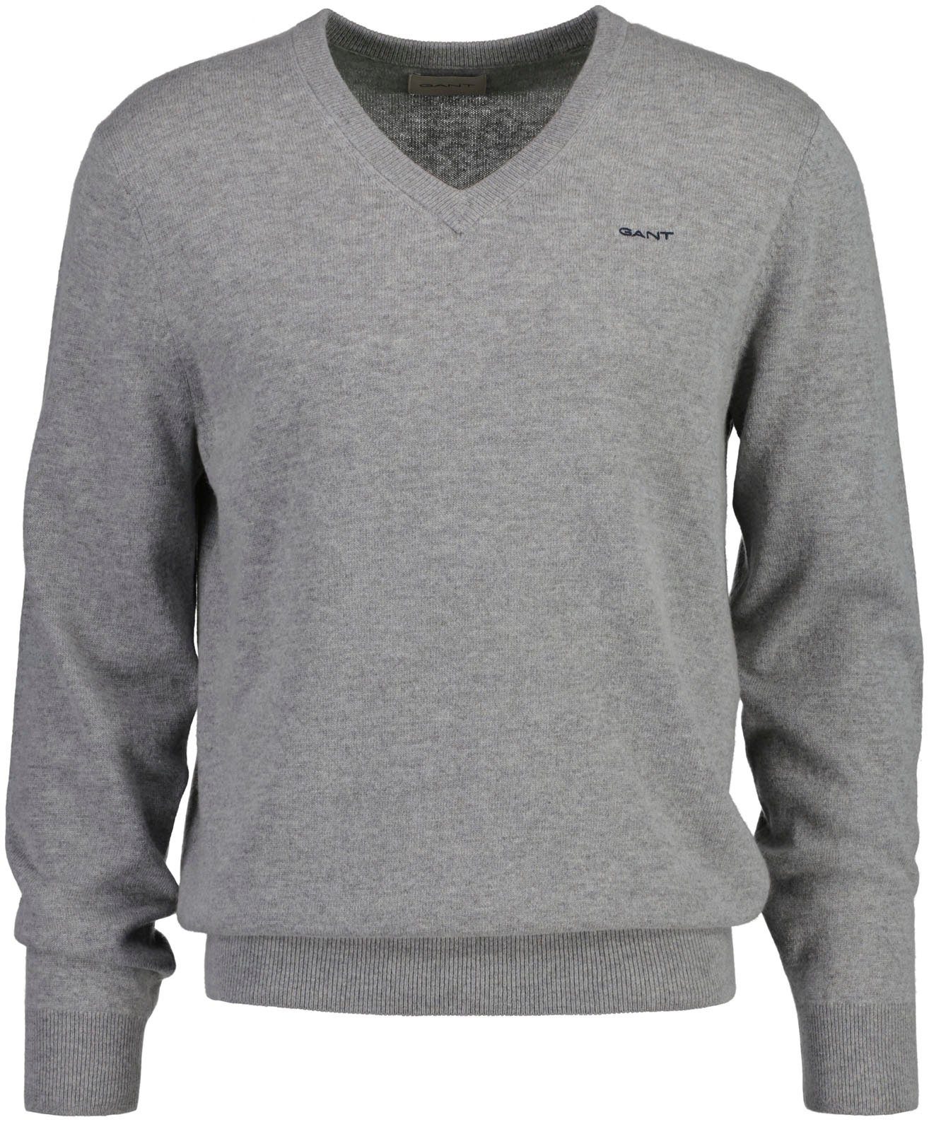 Gant V-Ausschnitt-Pullover Extrafine Quality Lambswool Wollpullover High MELANGE GREY Premium, Lammwolle, V-Neck