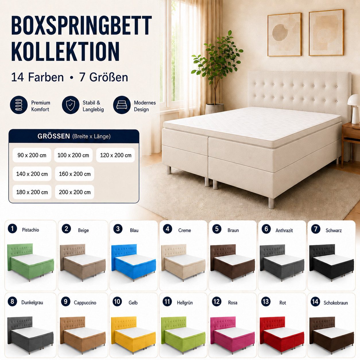 Best for Home Boxspringbett NEO bett mit 7-Zonen-Bonellfederkern und 5 cm Topper (Boxspringbett-Set, 6-St., Boxspringbett-Set inklusive Unterboxen, Matratzen, T – Bild 5 von 5