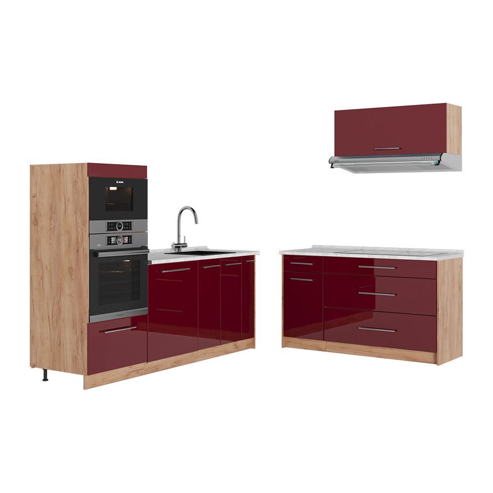 Vicco Küchenzeile Fame-Line, Bordeaux Hochglanz/Goldkraft Eiche, 340 cm, AP Marmor