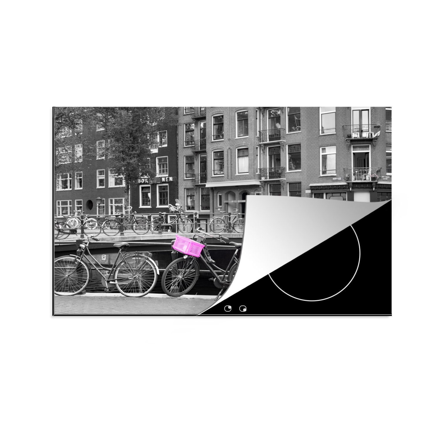 Ceranfeldabdeckung Herdblende-/Abdeckplatte küche, mit 81x52 MuchoWow Schutz Fahrradkiste, Vinyl, Grachten cm, rosa Induktionskochfeld die tlg), (1 Amsterdamer für