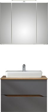 Saphir Badmöbel-Set Quickset 2-teilig, Keramik-Aufsatzbecken mit LED-Spiegelschrank, (2-St), 80 cm breit, 2 Schubladen, 3 Spiegeltüren, 6 Einlegeböden