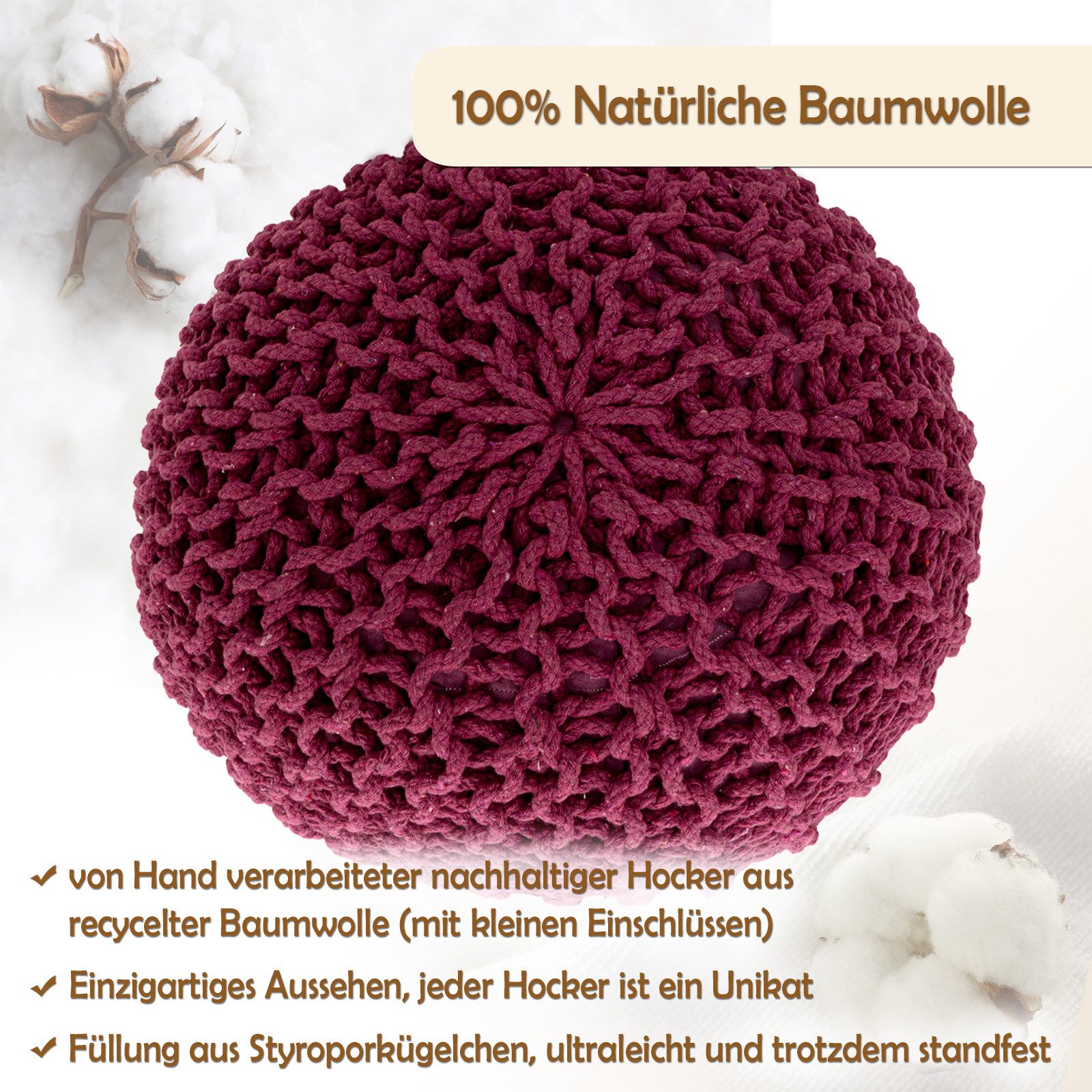 Amagohome Sitzhocker Sitzpouf Strickhocker Pouf Ø45 H30cm Bodenkissen Indoor Baumwolle recy