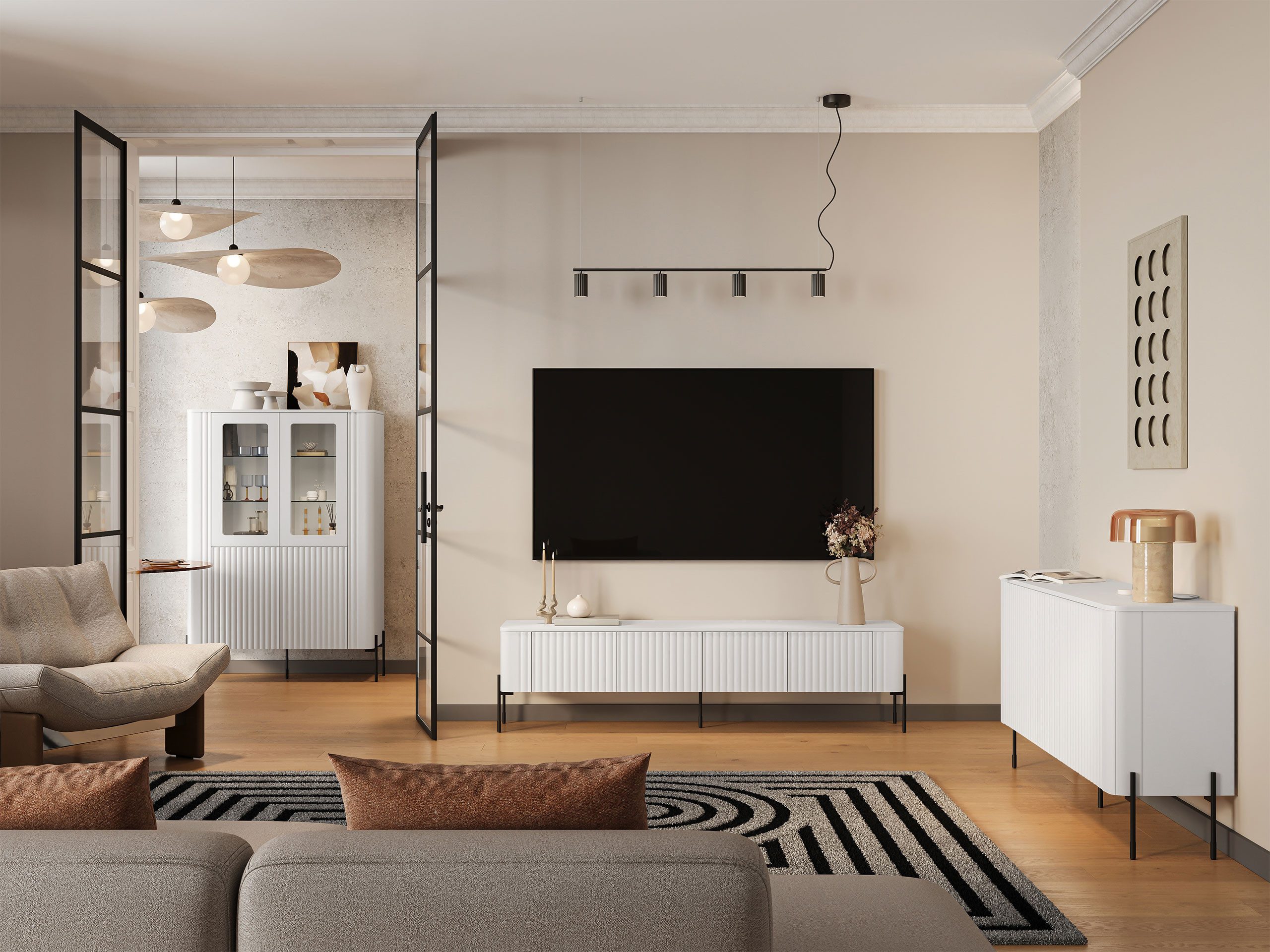 MIRJAN24 Wohnzimmer-Set Vera I, (3er-Set, Kommode, TV-Lowboard, Vitrine), Schwarze Metallfüße