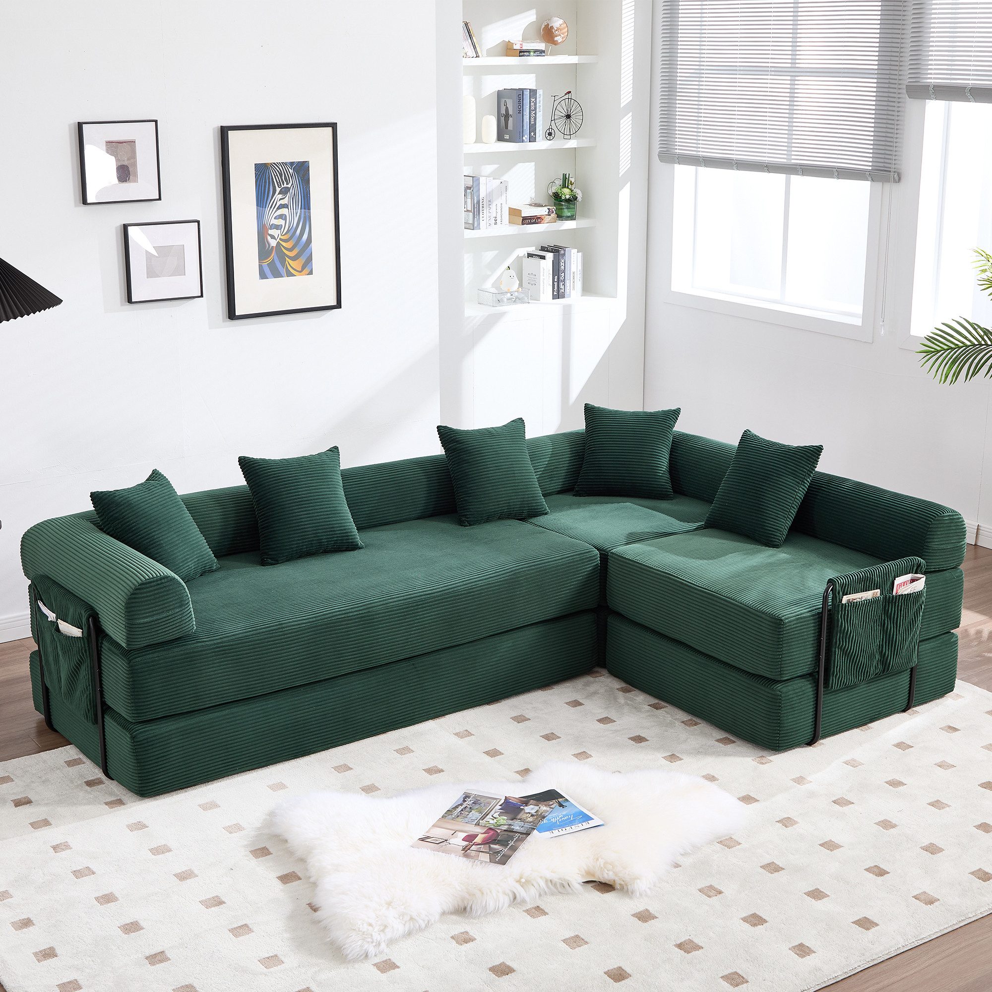 Odikalo Ecksofa 4 Sitzer Modulares Sofa mit Schlaffunktion merhfarbig, Gemütliches Familiensofa mit Stauraum & modularer Funktion – vakuumverpackt für mühelose Montage, frei kombinierbare Module und haustierfreundlich. Perfekt für entspannte Momente