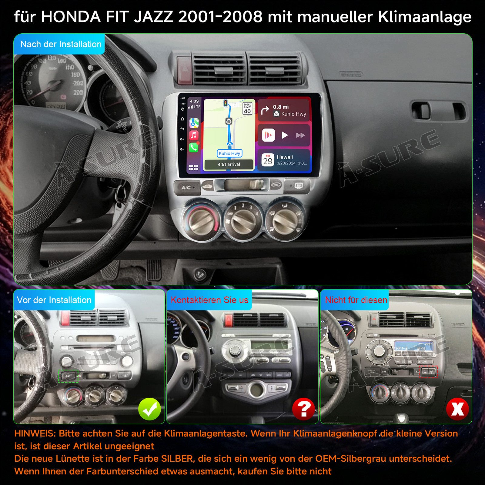 A-Sure Plug & Play Carplay Android Auto Radio für Honda Jazz Fit 2001-2008 Autoradio (Linux, USB, 1280*720)