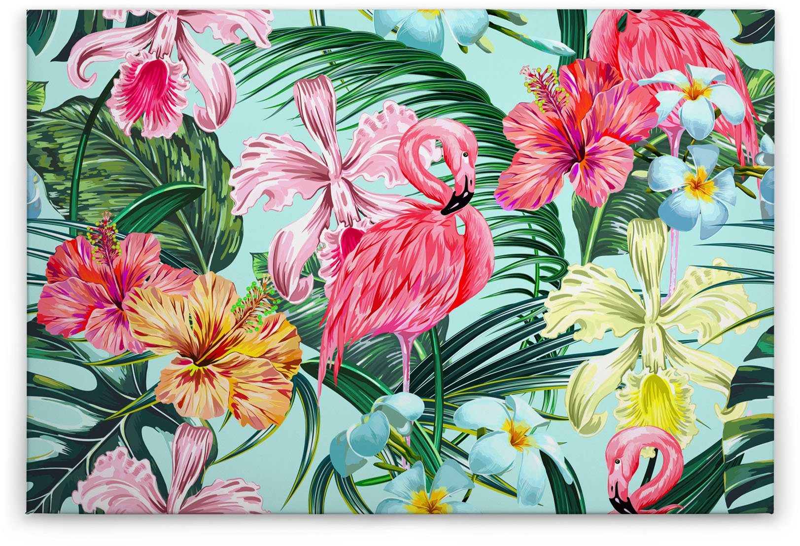Flamingo grün, A.S. (1 rosa, Exotisch Art, Keilrahmen Leinwandbild türkis Création St), Flamingo Hawaii Blumen Dschungel