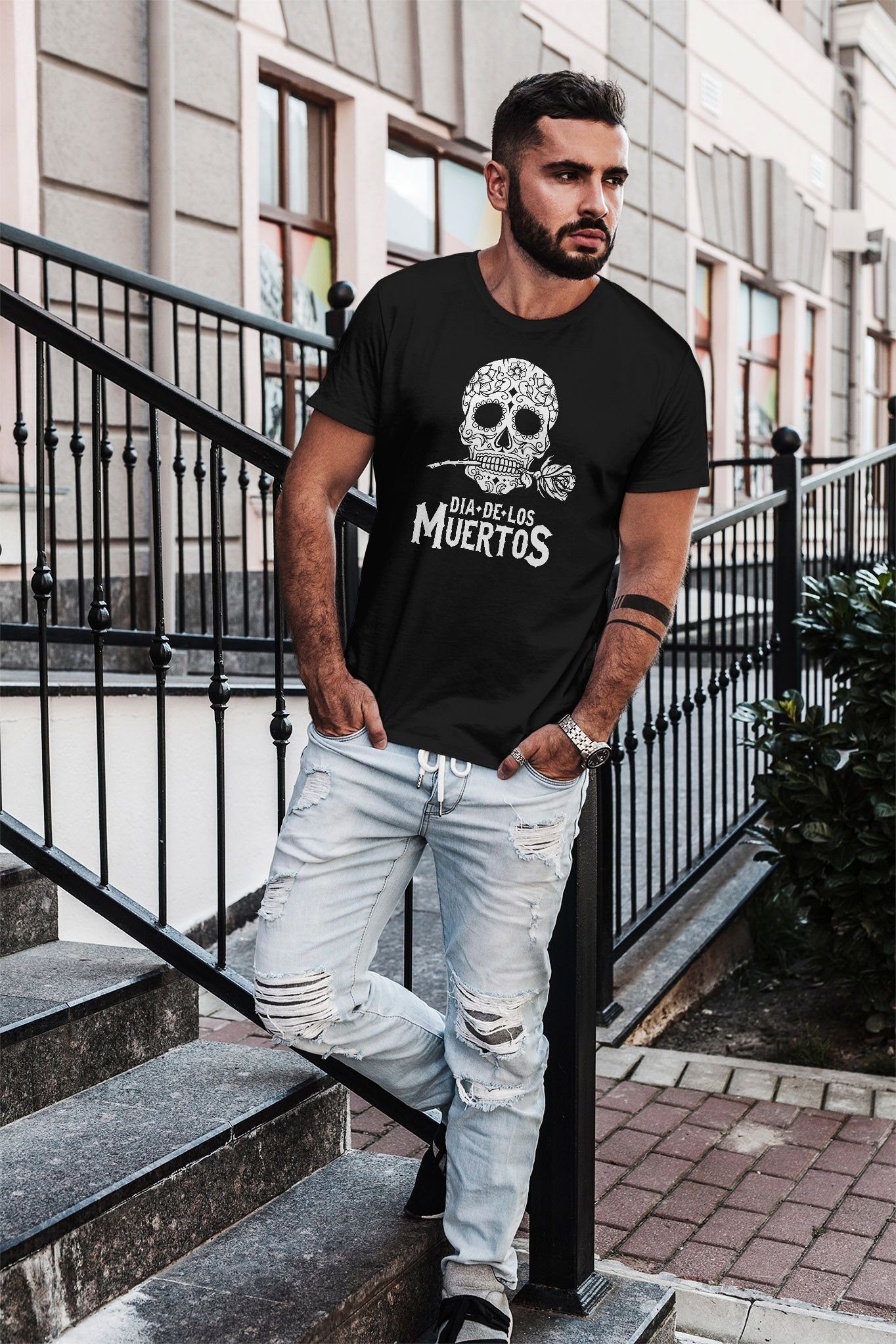 Skull mit Herren Neverless Muertos Neverless® Los Fit mit De Blumen Slim Totenkopf Print Sugar T-Shirt Dia Print-Shirt