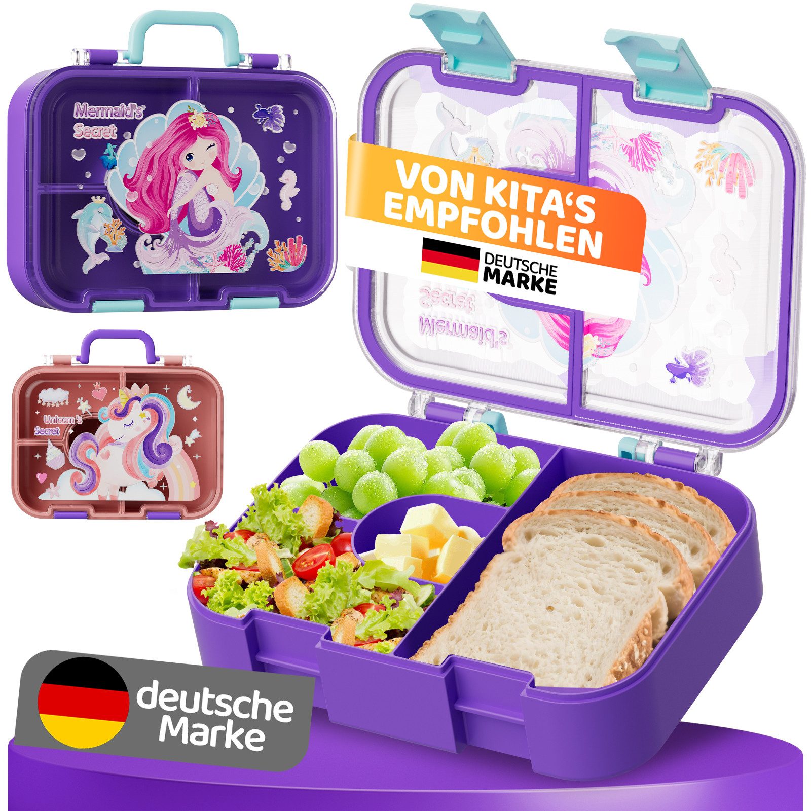 Bundviel Lunchbox Lunchbox Brotdose Kinder mit Fächern,1400ml Auslaufsichere Bento-Box, Kinder-Lunchbox,Auslaufsicher Fächern,Jausenbox Brotbox
