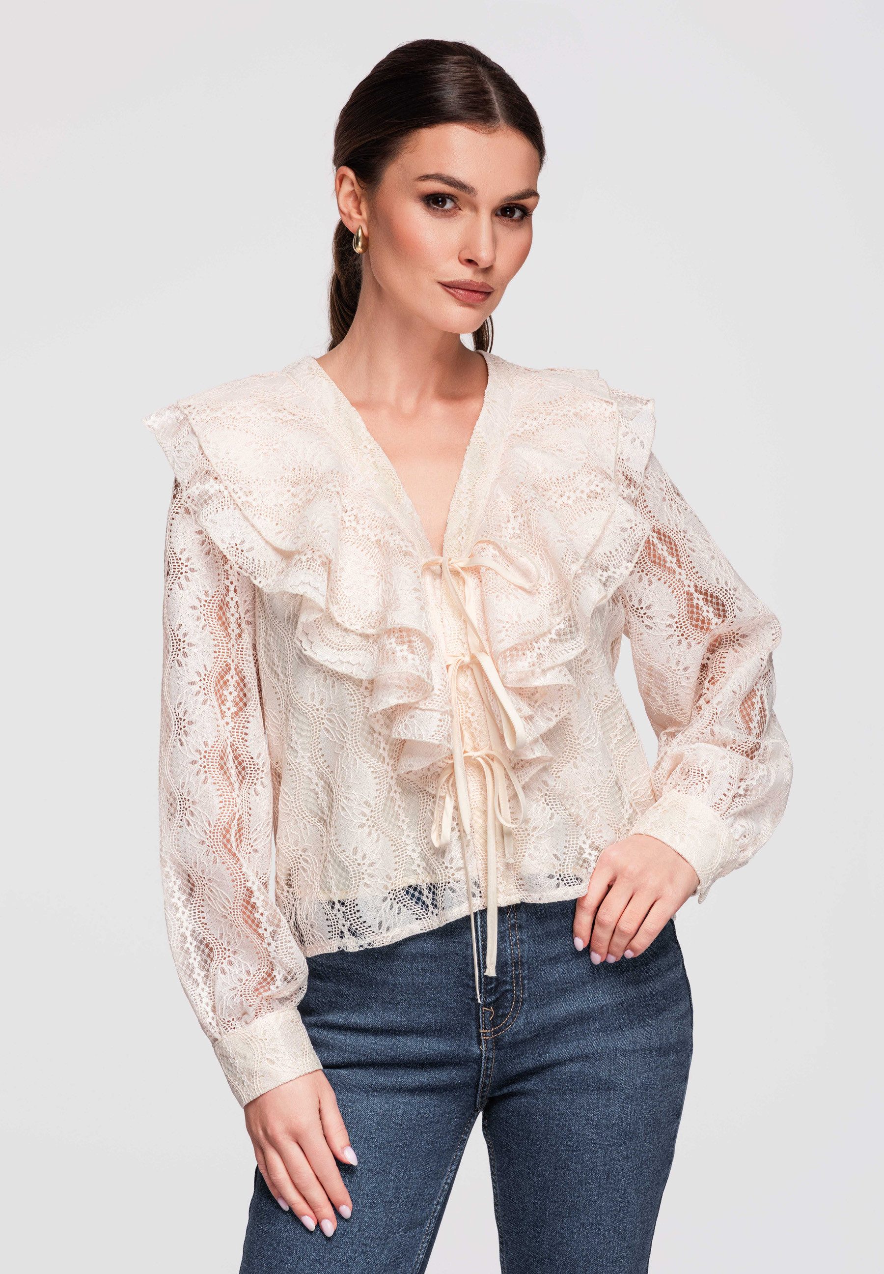OMBRE Langarmbluse Langarmbluse Damen Spitze Loose Fit Beige L (kein Set, 1-tlg) Ajour-Spitze, dekorative Rüschen