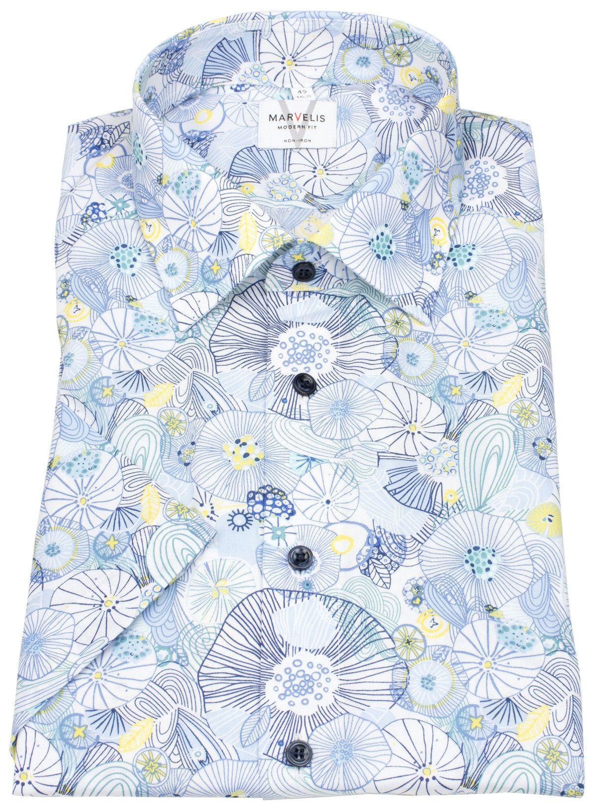 MARVELIS Kurzarmhemd Modern Fit leicht tailliert bügelfrei Kentkragen