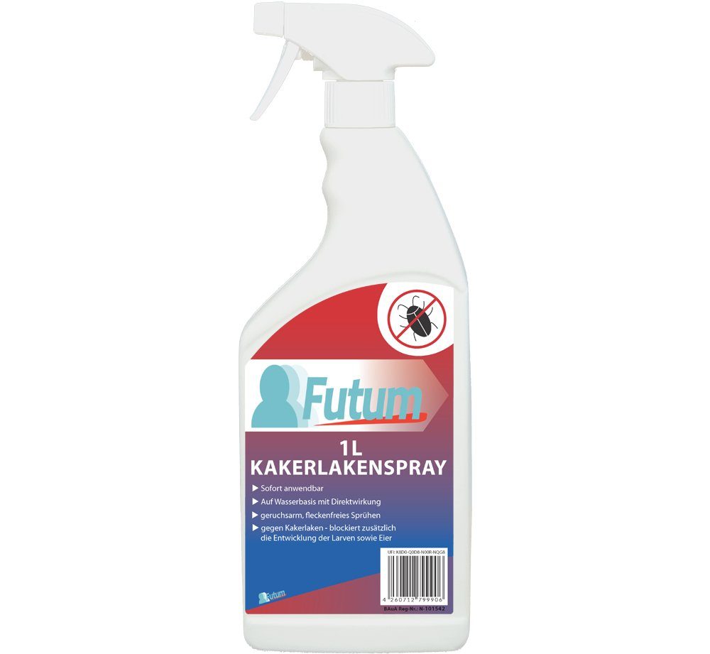 FUTUM Insektenspray Kakerlaken Spray Schaben Spray Küchenschaben Abwehr, 1 l, auf Wasserbasis, geruchsarm, brennt / ätzt nicht, mit Langzeitwirkung