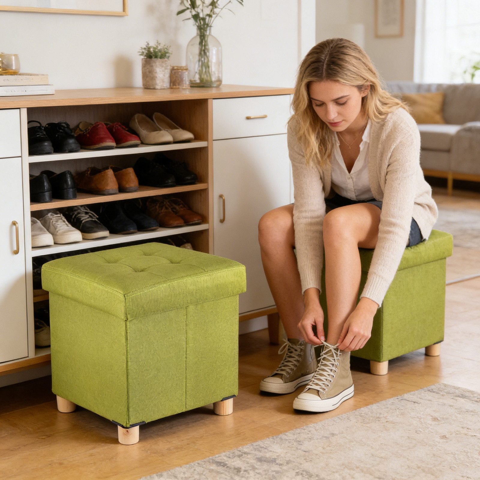 BlingBin Sitzhocker Platzsparender klappbarer Sitzhocker mit viel Stauraum und Deckel (1 Stück, 1 St., 38 x 38 x 40 cm (B/H/T), gepolsterter Kubushocker mit Holzfüßen für Wohnzimmer und Schlafzimmer