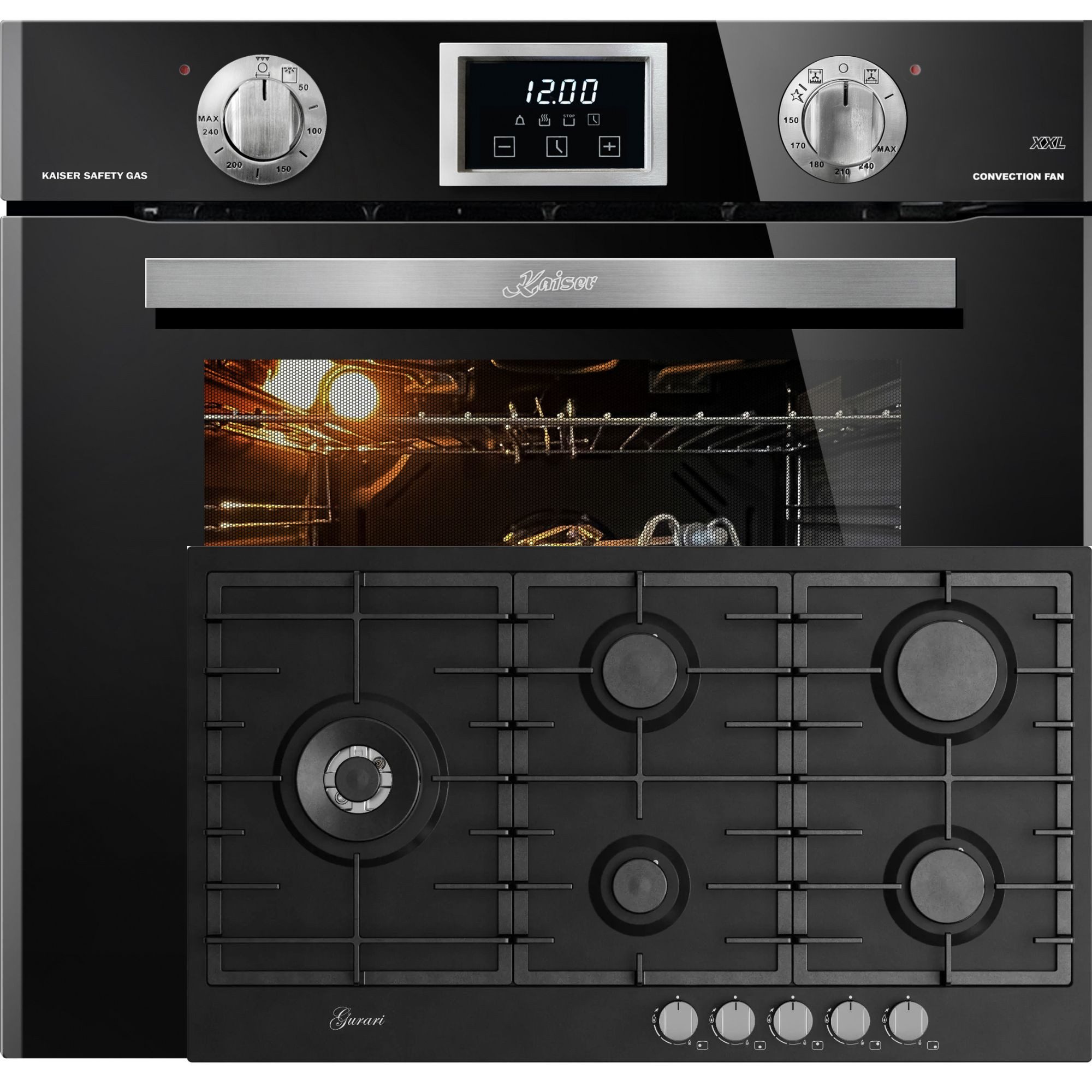 Kaiser Küchengeräte Backofen-Set Herd Set autark Einbaubackofen, 79 L, autark,Erdgas,Propangas+Gaskochfeld 90 cm, Schwarz Emaliert, 4,0 kW WOK, 5 Gasbrenner,Erdgas, FL.Gas EG 6374 SP+GCH FB 905 BL., mit 1-fach-Teleskopauszug