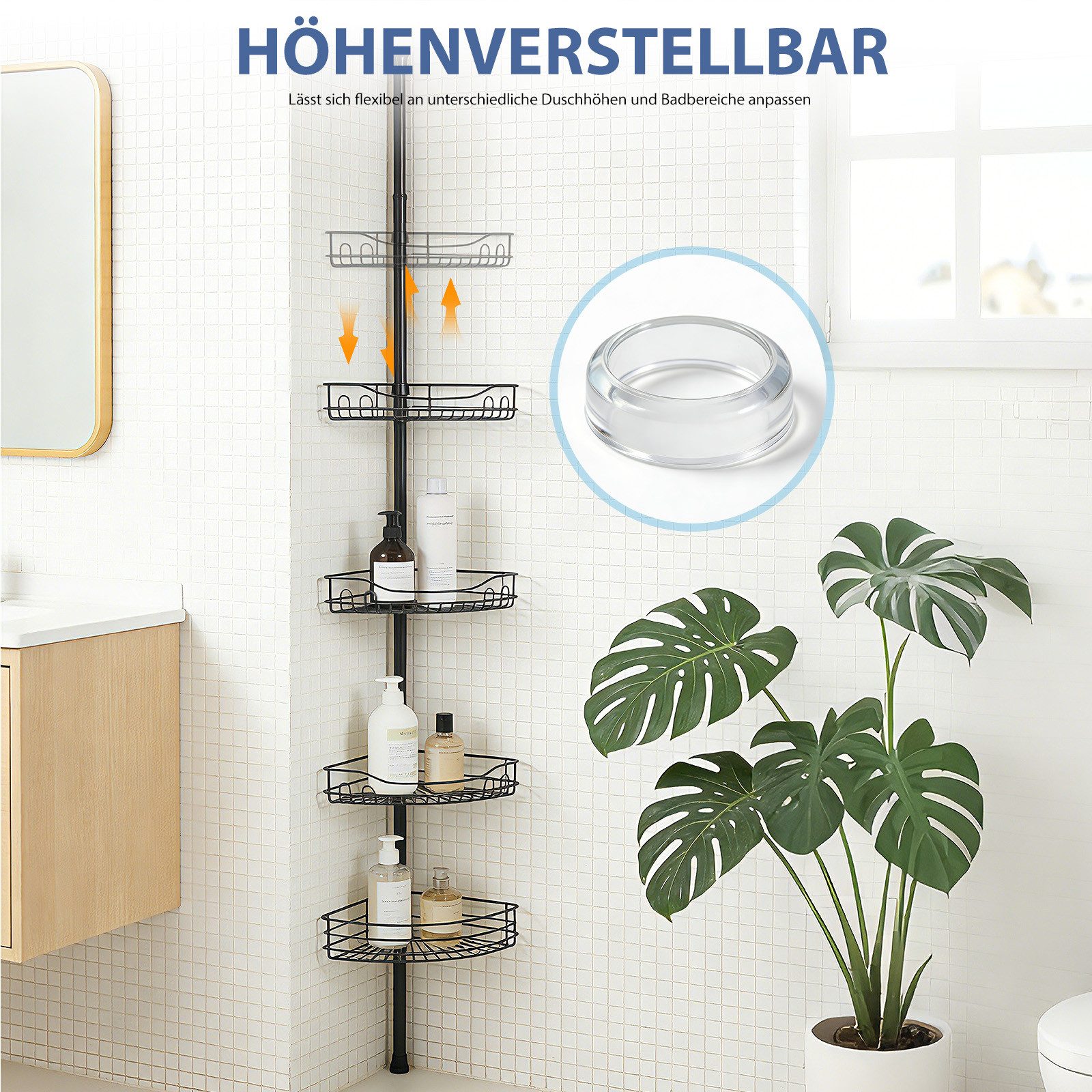 Sekey Duschregal Teleskop-Duschregal ohne Bohren, Eckablagen mit 4 Körbe, Eckregal Bad, 80–310 cm, schwarz