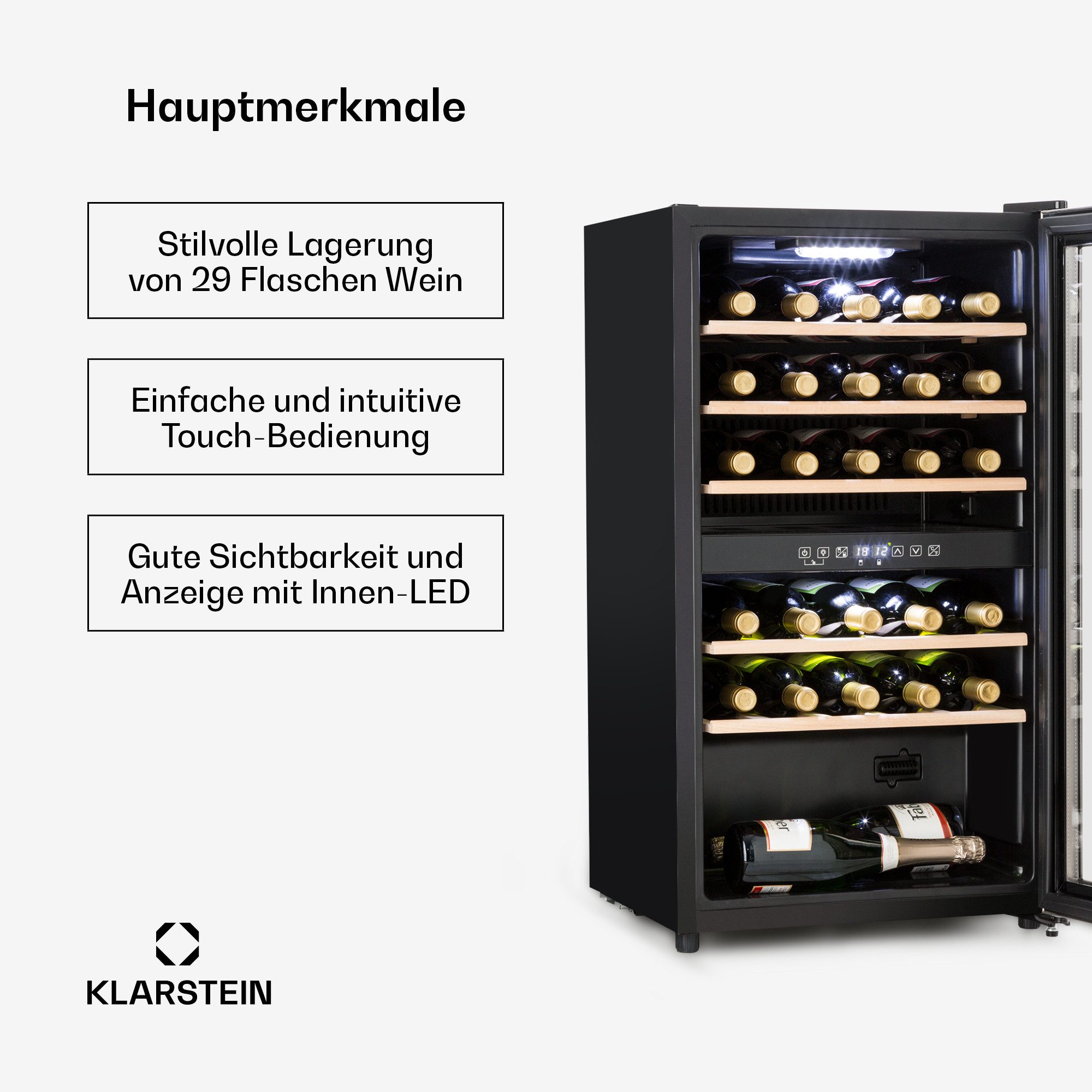 Klarstein Weinkühlschrank Vinamour 29 Duo Weinkühlschrank 2 Zonen 29 Fl 80L 5-22°C Touch 40 dB, für 29 Standardflaschen á 0,75l,2 Zonen Wein Flaschenkühlschrank Weintemperierschrank Kühlschrank