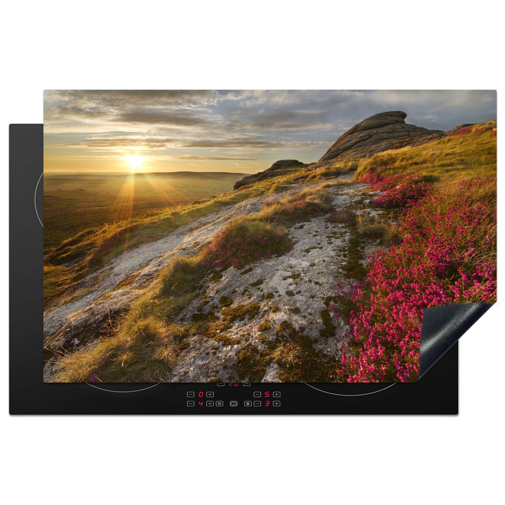 MuchoWow Herdblende-/Abdeckplatte Rosa Blumen auf Induktionskochfeld tlg), 81x52 den Hügeln Park, Ceranfeldabdeckung (1 küche, die Vinyl, des cm, für Dartmoor Schutz National