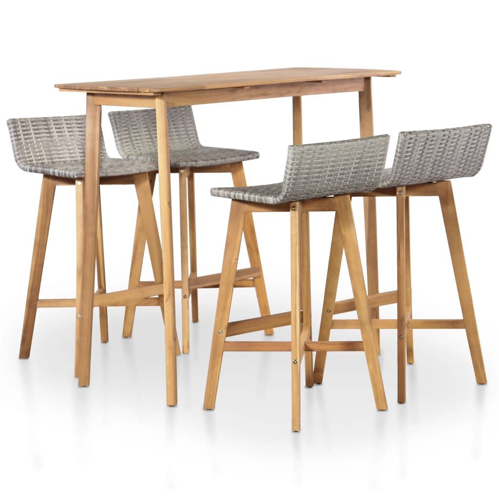 furnicato Bargruppe Bar-Set Echtholz 120x60x105 cm Braun und Hellgrau, (1-tlg), Wetterfeste Sitzgruppe mit PE-Rattan-Sitz und stabilen Barhockern