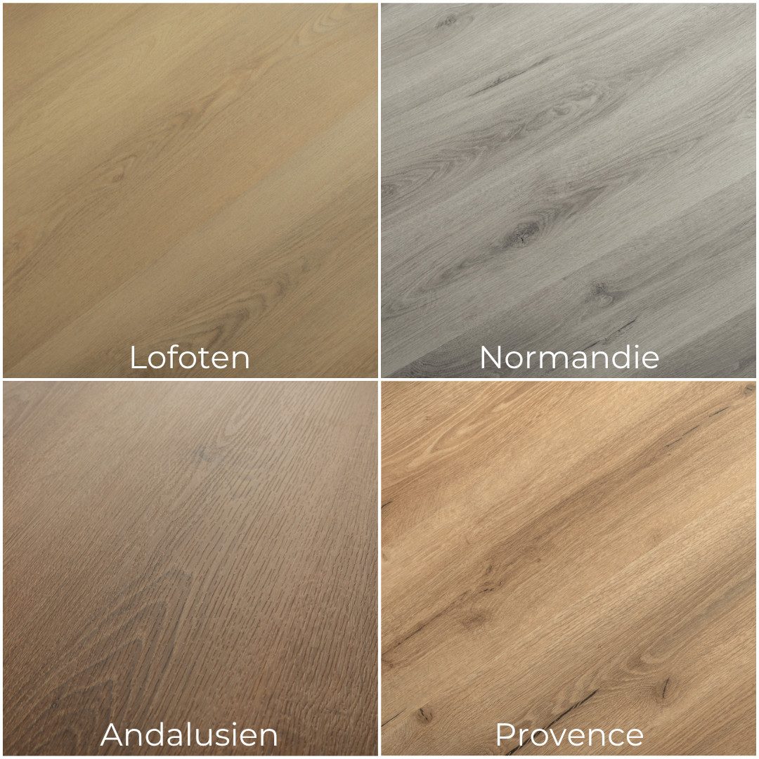 Mega-Holz Designboden Klickvinyl in Holzoptik BASIC PVC Vinylboden mit Trittschalldämmung, Packung, Wasserfest und für Fußbodenheizung & Feuchträume, Muster Set 4 Farben