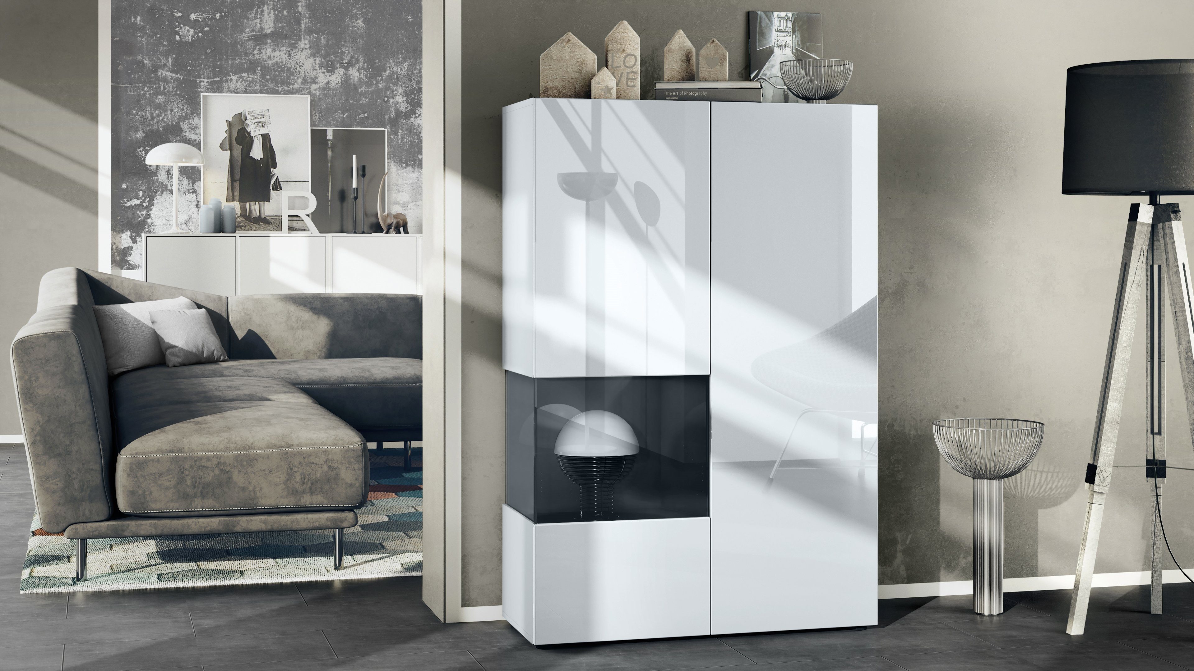 Vladon Standvitrine Morena V2 (Standvitrine, mit 2 Türen und Glaseinsatz) Weiß matt/Weiß Hochglanz/Schwarz Hochglanz (91,5 x 136,5 x 37 cm)