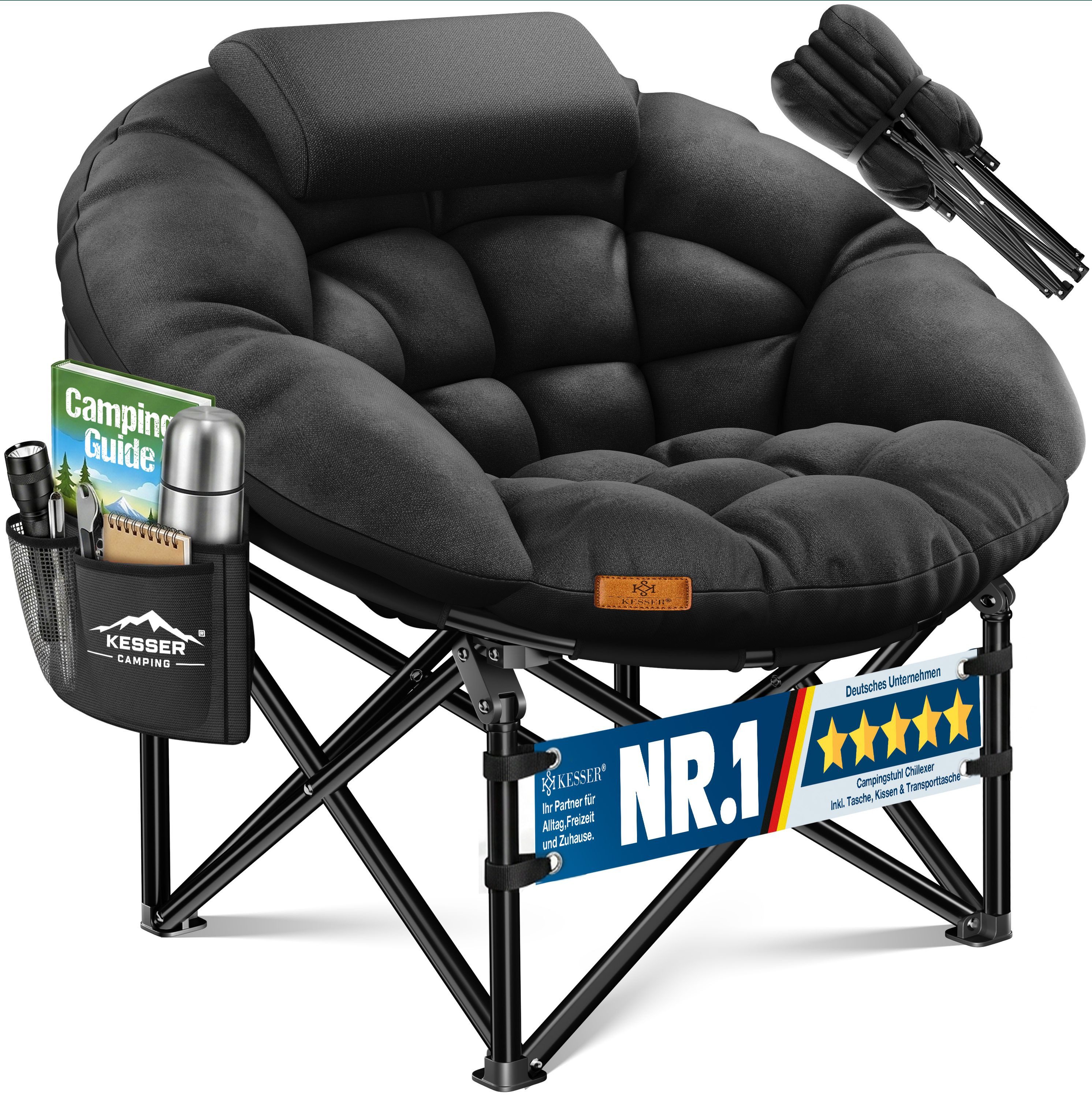 KESSER Campingstuhl Chillexer faltbar 150 kg Klappstuhl mit Kissen, Seitentasche & Cover, Relaxstuhl Outdoor + Indoor für Camping, Angeln, Festival, Strand
